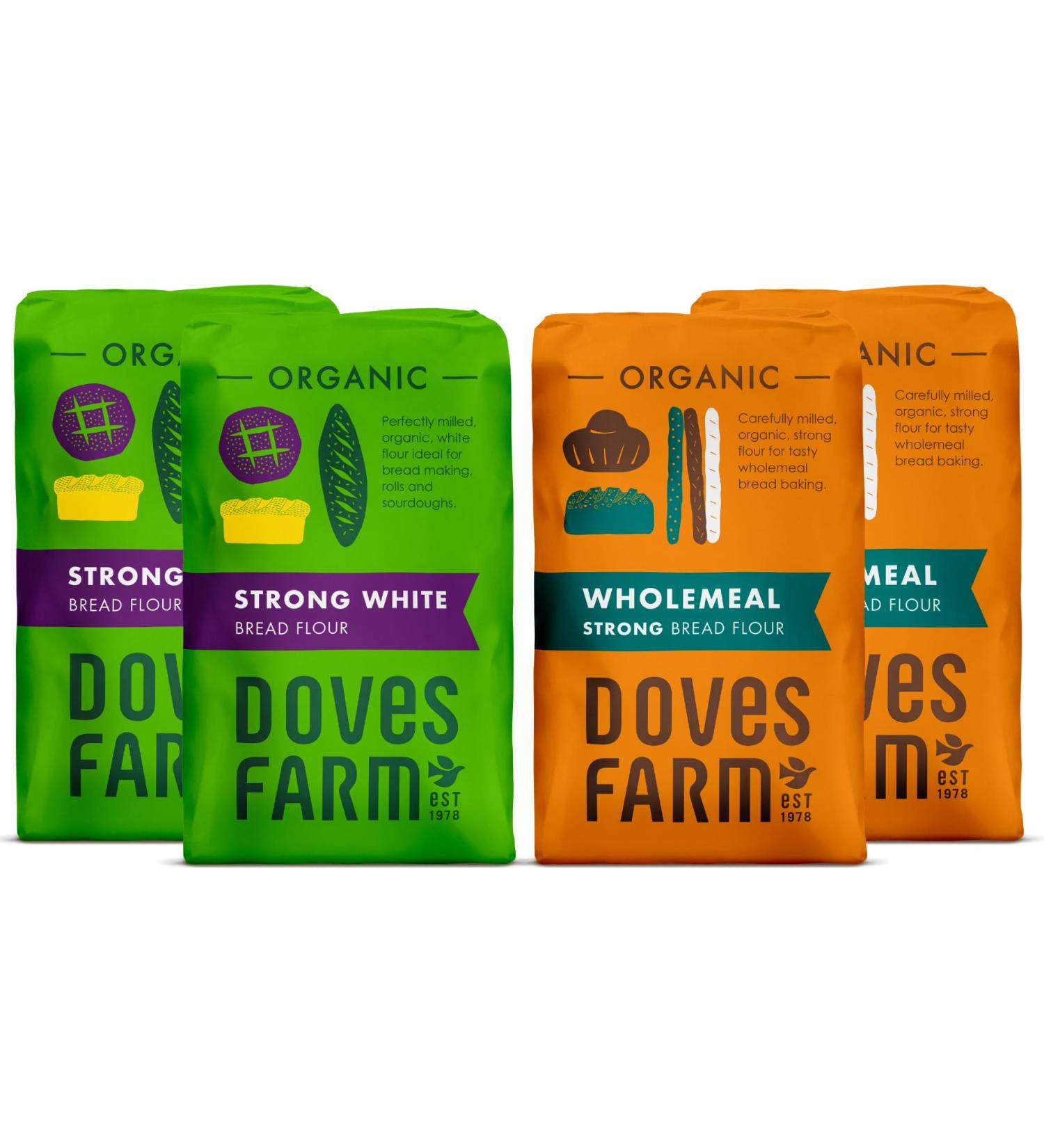 Doves Farm Organic Bread Flour Selection Pack - 2 x Organic Strong White Bread Flour 1.5kg & 2 x Organic Strong Wholemeal Bread Flour 1.5kg | by Alpine Heights - Buy Online on GoSupps.com