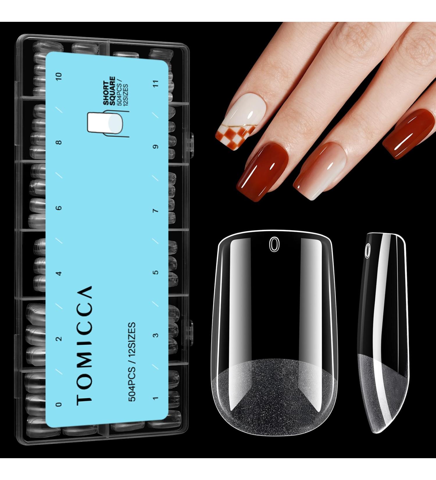 Tomicca 504 Piece Square Artificial Nail Tips - Full Cover Gel Tips for DIY Nail Art & Nail Studios - 12 Sizes French Short Tips - Buy Online on GoSupps.com