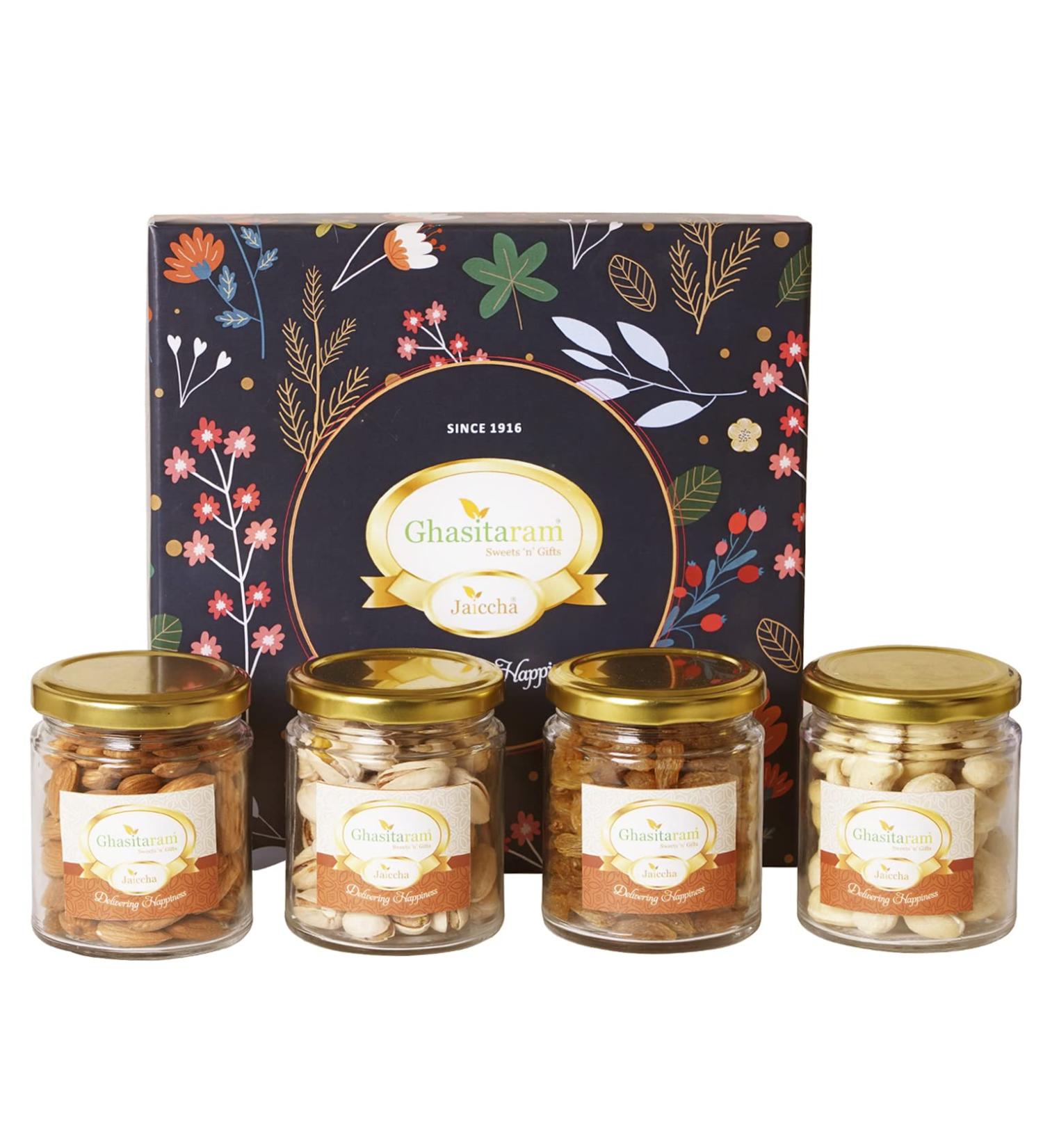 Ghasitaram Gifts Jaiccha Ghasitaram Hamper Box with Dryfruit Jars |Diwali Gifts Holi Rakhi Valentine Christmas Birthday Anniversary Gift for Her Him Mothers Day Fathers Day| - Buy Online on GoSupps.com
