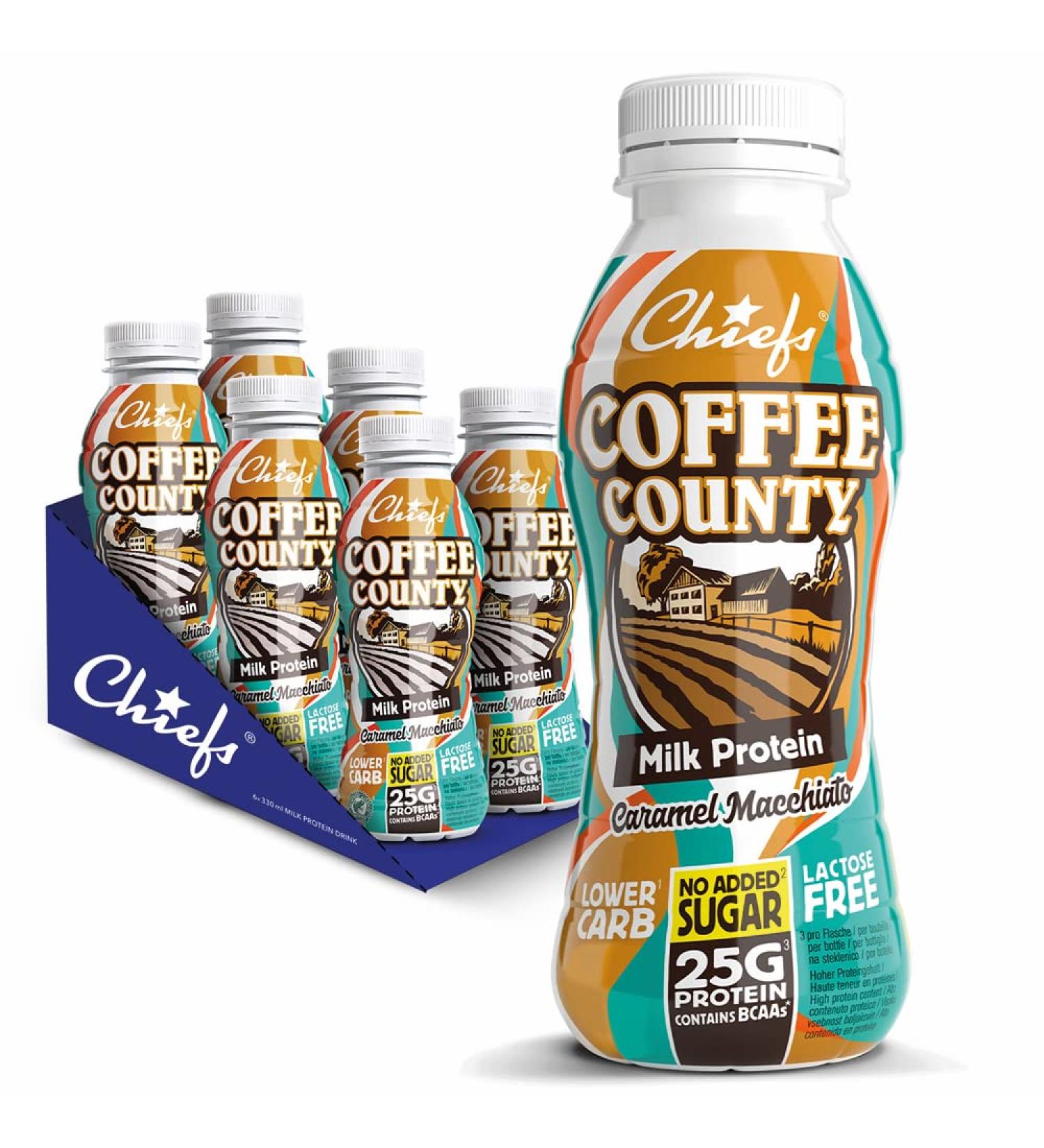 Chiefs Milk Protein Drink with 25g Protein and BCAAs Low Carb Lactose Free Low Sugar High Protein Shake 6 x 330ml (Coffee County) - Buy Online on GoSupps.com