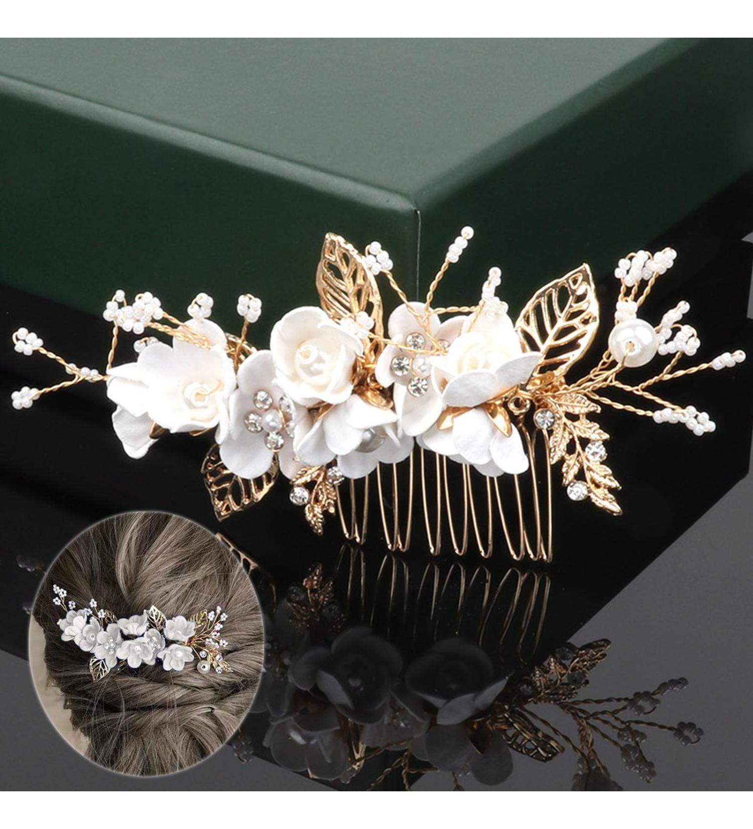 Bridal Bride Hair Accessories White Flower Bridesmaid Comb Wedding Hair Piece Pins Accessory for Women Mother of Bride Pearl Clip Diamante Side Clips Leaf Hair Vine for Party (Golden) - Buy Online on GoSupps.com
