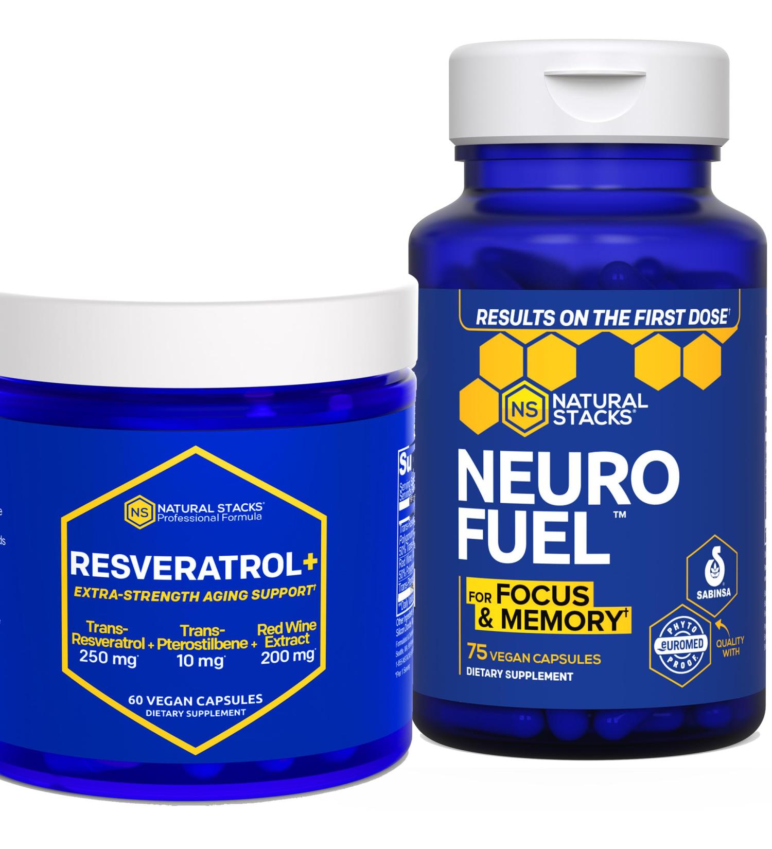 NATURAL STACKS NeuroFuel & Resveratrol+ Supplement Bundle - Supports Focus Memory & Healthy Brain Aging* - 135 Capsules - Buy Online on GoSupps.com