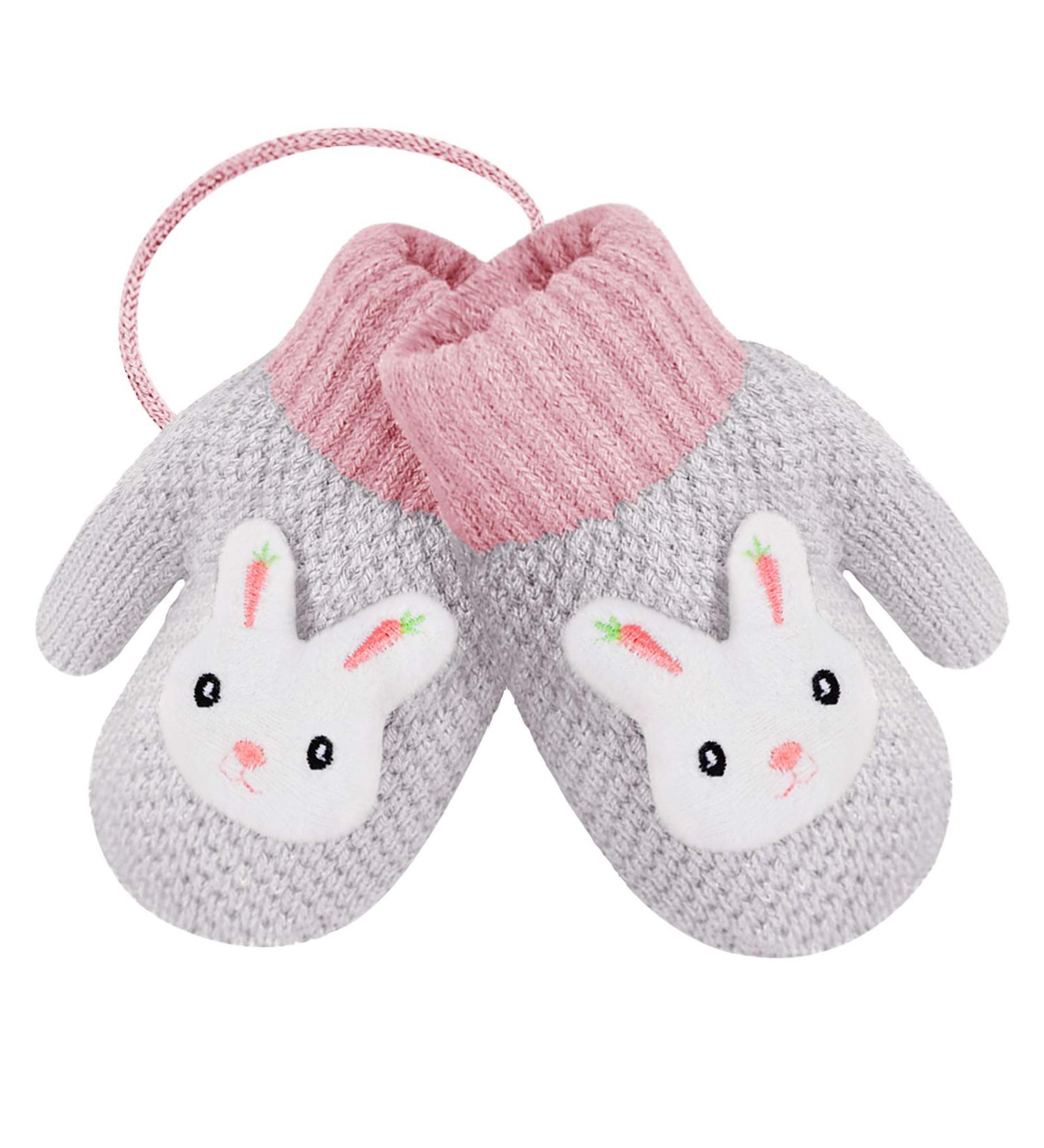 Toddlers Knitted Gloves Mittens with String - Warm Fleece Lined Cartoon Design - Xmas Gift - Age 0-3 - Blue - Buy Online on GoSupps.com