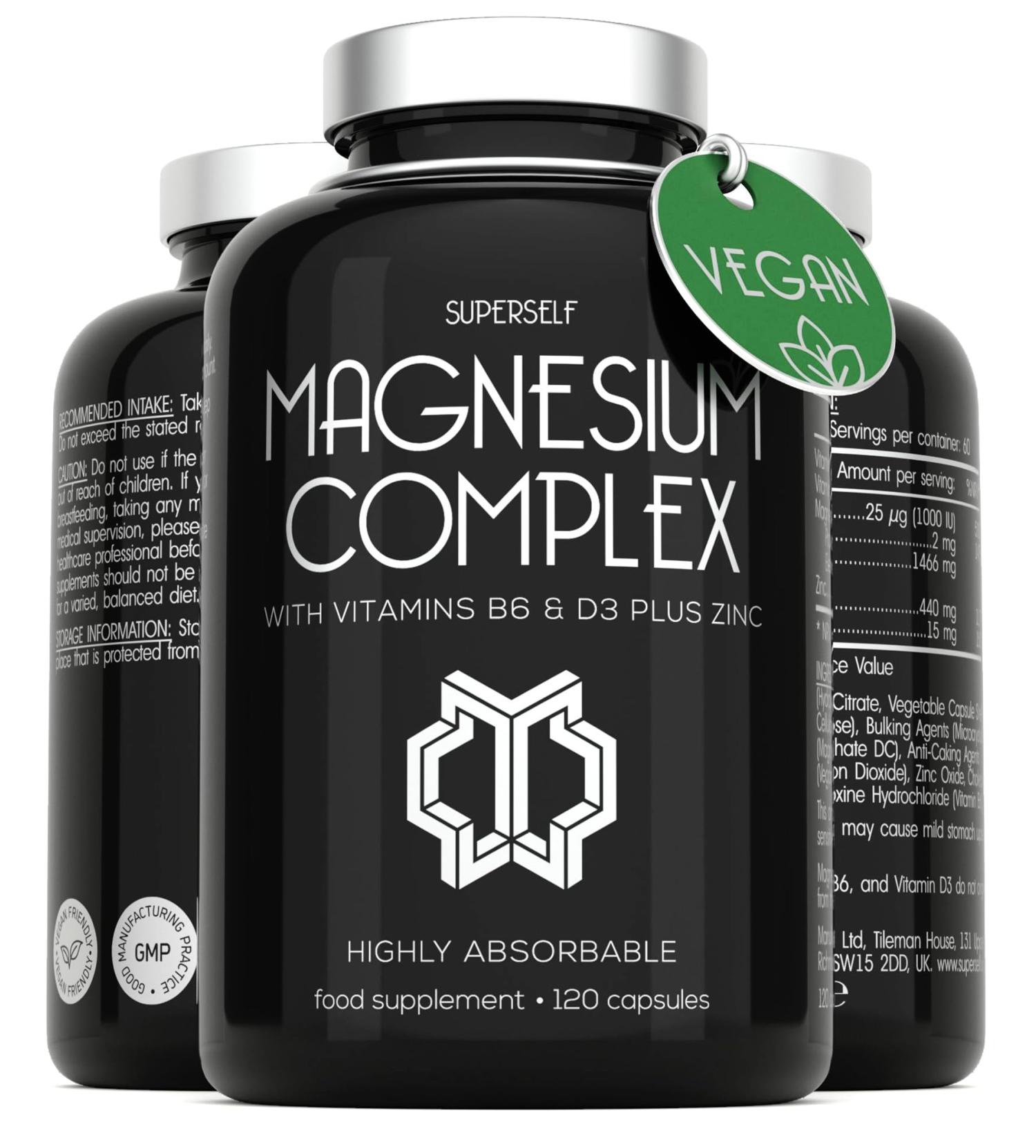 Magnesium Complex 1466mg - Magnesium and Zinc Supplements with Vitamin D3 & B6 - Premium Supplements for Women & Men - High Strength Chelated Citrate Tablets - 120 Capsules - Vegan & UK Made - Buy Online on GoSupps.com