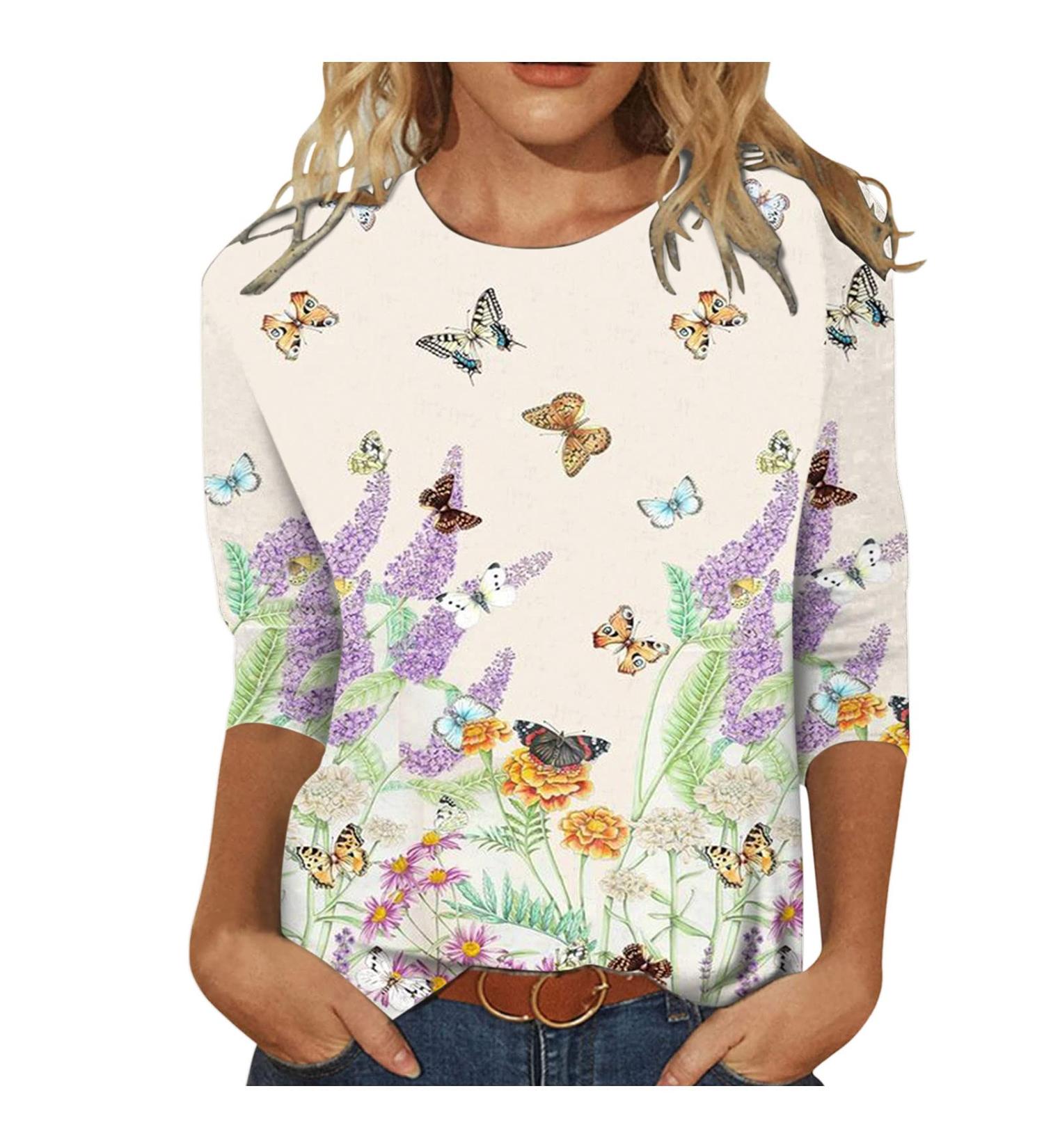 Women's Summer 3/4 Sleeve Loose Round Neck Shirt | Painting Pattern Trendy Top | Casual Comfy Tee | Medium, Purple - Buy Online on GoSupps.com