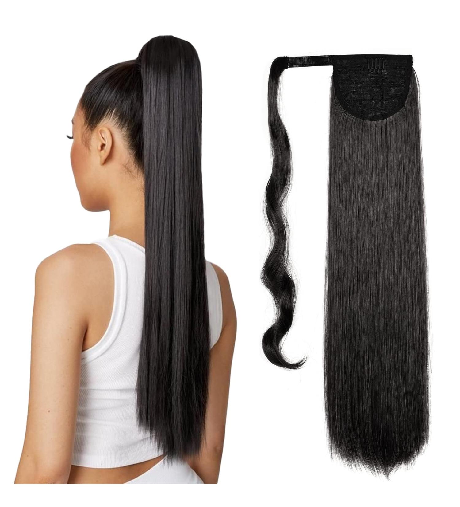 Teruntrue 24-Inch Straight Horse-Tailed Hair Extension - Curly Synthetic Clip-In Ponytail for Women | Black (1B#) Winding Wrap - Buy Online on GoSupps.com