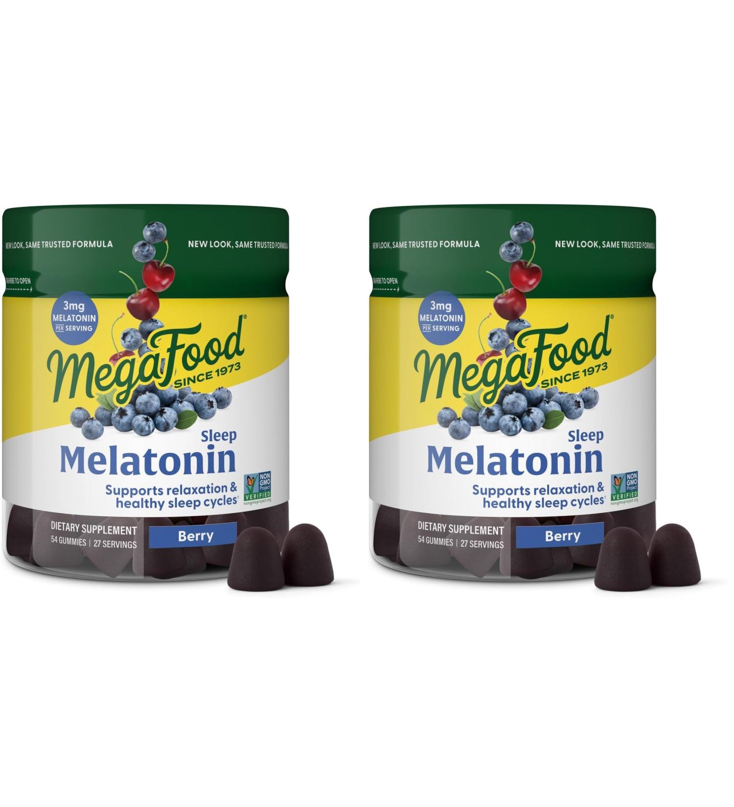 MegaFood Melatonin Gummies - Melatonin 3mg per Serving to Help Relax & Fall Asleep Sleep Gummies for Adults - Berry Flavor Non-GMO Certified Vegan - 54 Gummies (27 Servings) (Pack of 2)