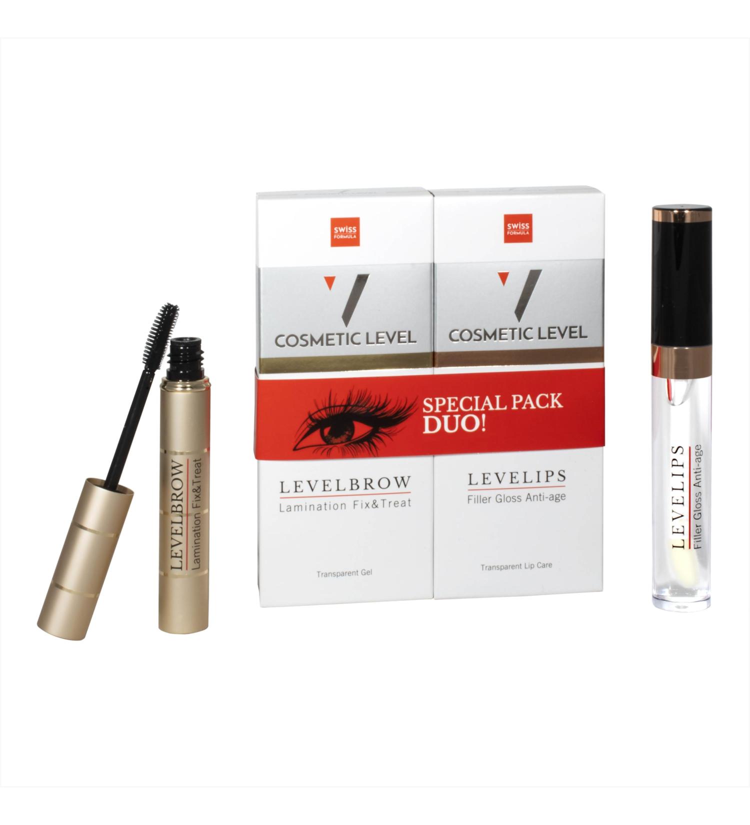 COSMETIC LEVEL DUO PACK LEVELBROW + LEVELIPS | Fix & Treat Eyebrows + Lip Treatment "Anti-Aging Filler Gloss" | Instant Definition & Natural Volume