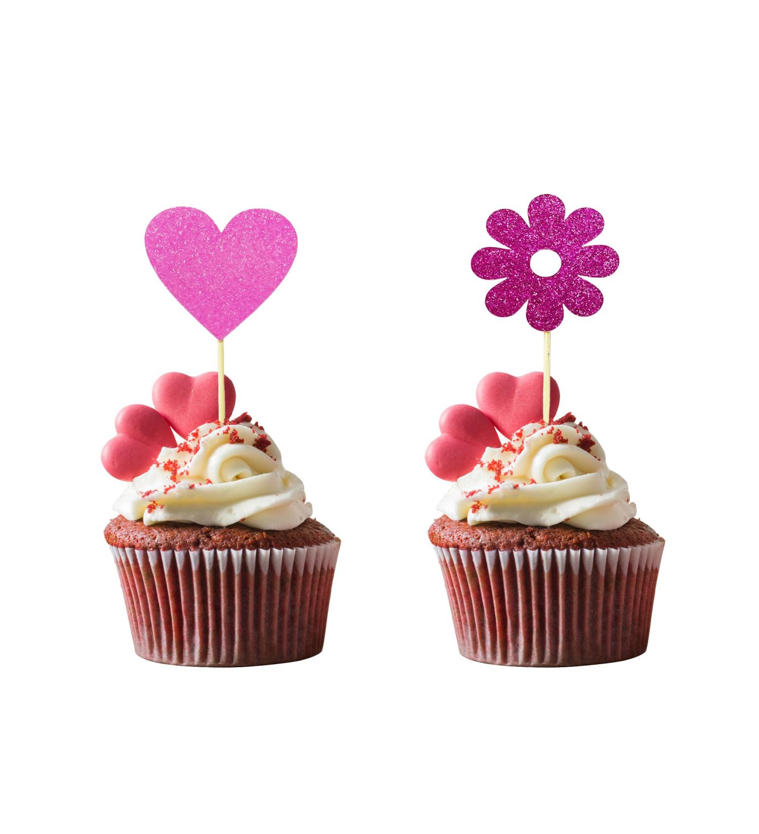 TSJ 16 PCS Glitter Cupcake Toppers Heart Flower Cupcake Picks Cake Toppers Mother s Day Valentine s Day Wedding Party Cake Decorations Pink - Buy Online on GoSupps.com