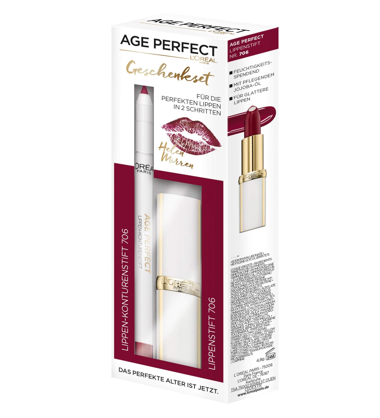 L'Or al Paris Age Perfect Lip Set - Helen Mirren's No. 706 Perfect Burgundy Lipstick & Lipliner | Intensive Care & Shine - Buy Online on GoSupps.com