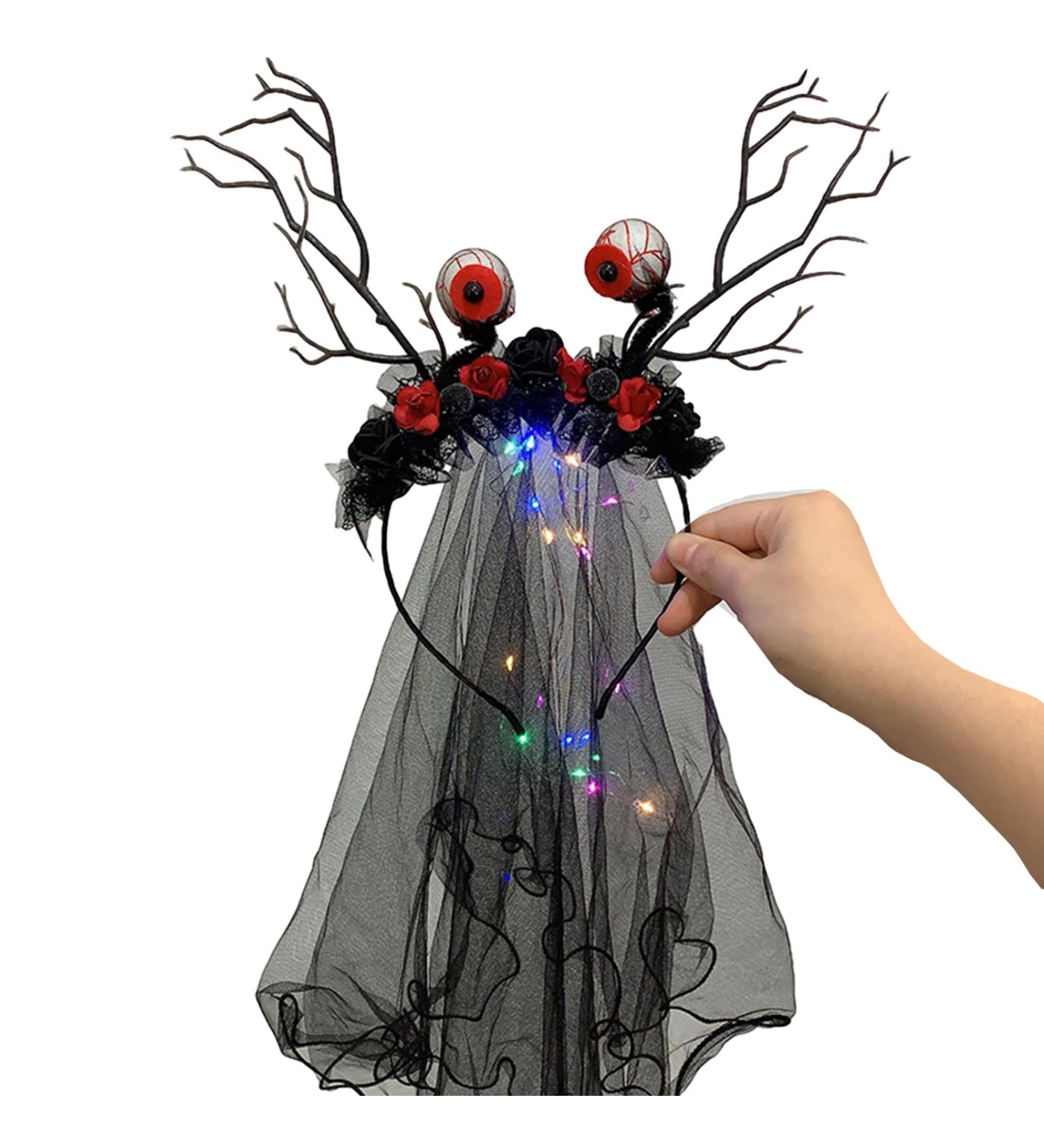 amangul Glowing Rose Headband Ghosted Bride Veil Bride Cosplay Costume Headwear Hair Accessories Halloween Costume(Jm0525 Eyeball Flowe) - Buy Online on GoSupps.com