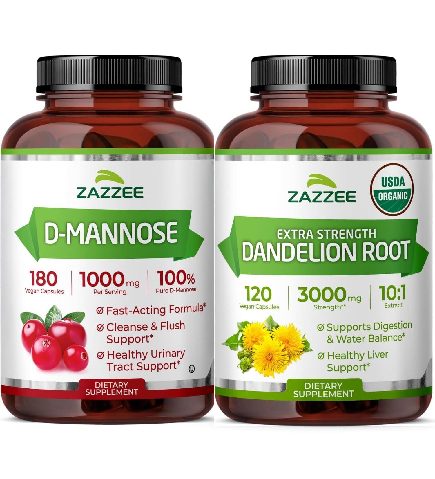 Zazzee Urinary Tract Cleanse & Detox Bundle | USDA Organic Dandelion Root Extract Capsules Plus D-Mannose 1000mg Capsules for UT & Bladder Cleansing - Buy Online on GoSupps.com