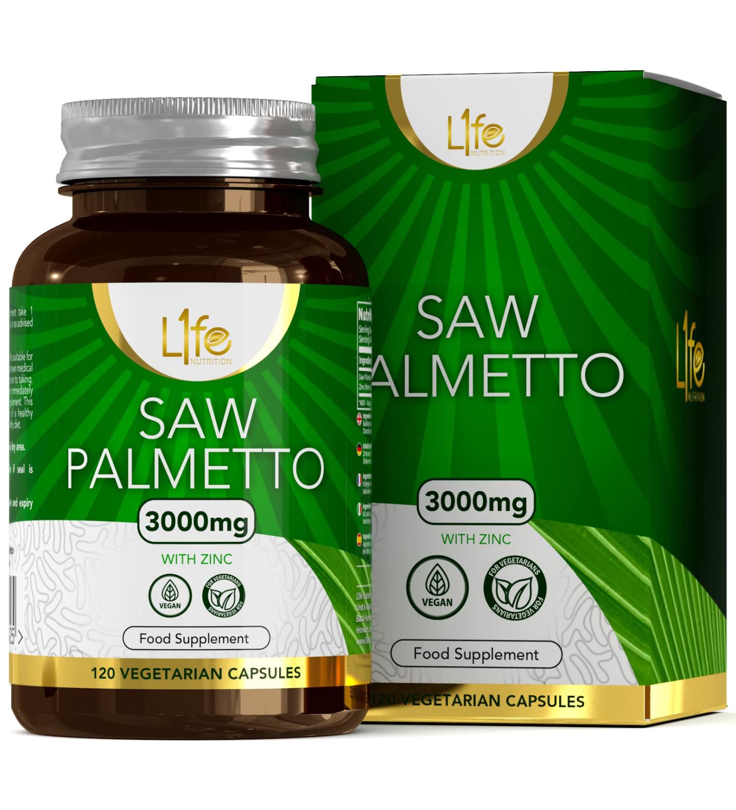 L1fe Nutrition Saw Palmetto Extract & Zinc - 3000mg Saw Palmetto + 15mg Zinc | 120 Vegan Capsules | Gluten-Free Allergen-Free | Made in Great Britain - Buy Online on GoSupps.com