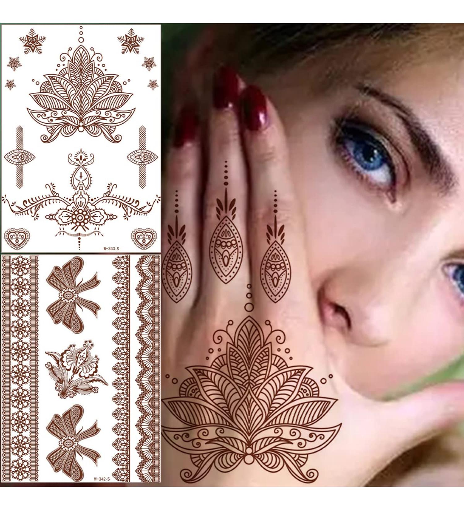 Brown Henna Temporary Tattoos - Butterfly Stars Lace Design | Waterproof Semi-Permanent Stickers for Wedding Party - 6PCS - Buy Online on GoSupps.com