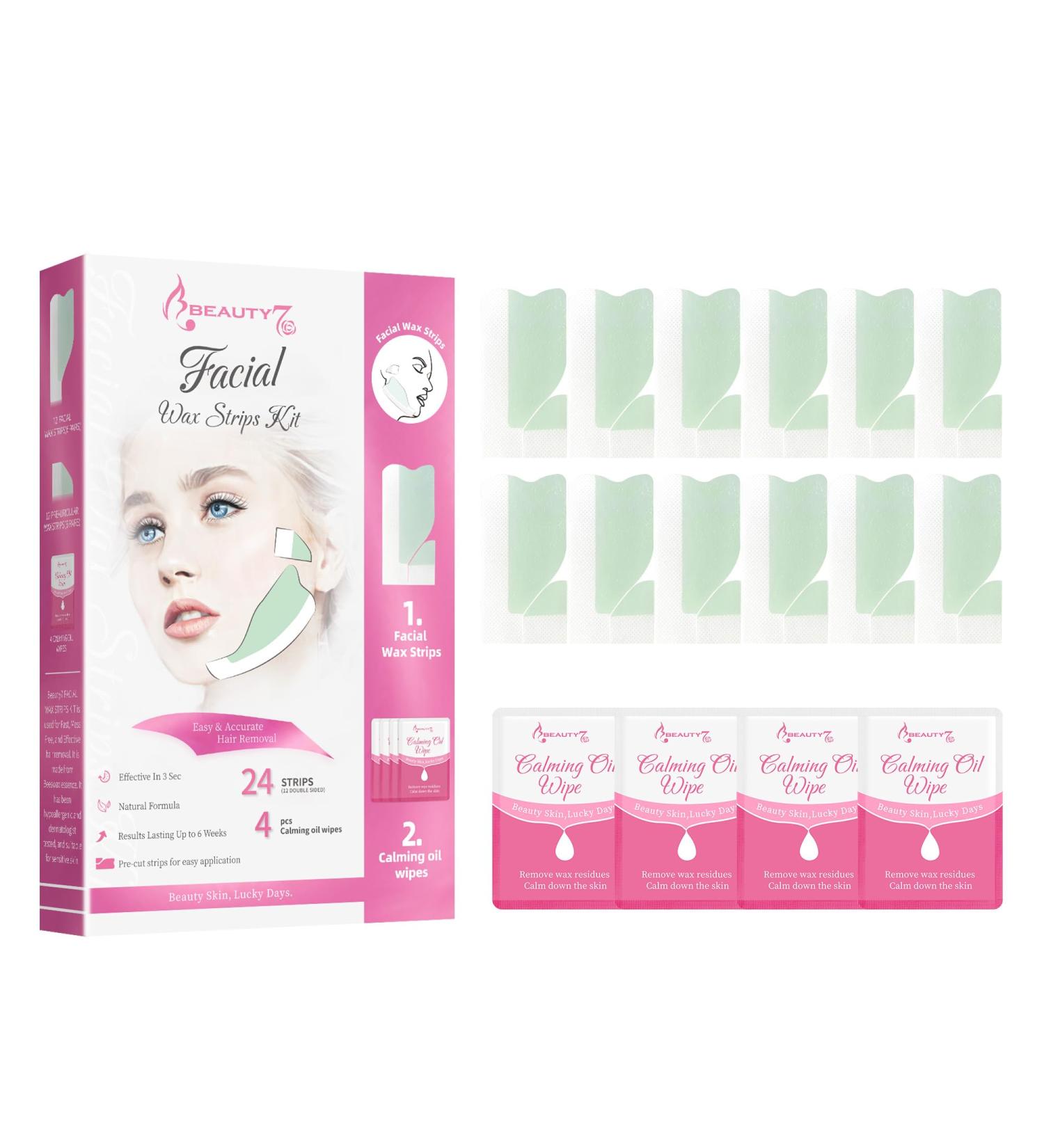 Beauty7 Pre-Cut Facial Wax Strips - 24-Hour Cold Wax for Painless Eyebrow Hair Removal with 4 Clean Oil Cloths - Fast & Effective Persian Wax Solution - Buy Online on GoSupps.com