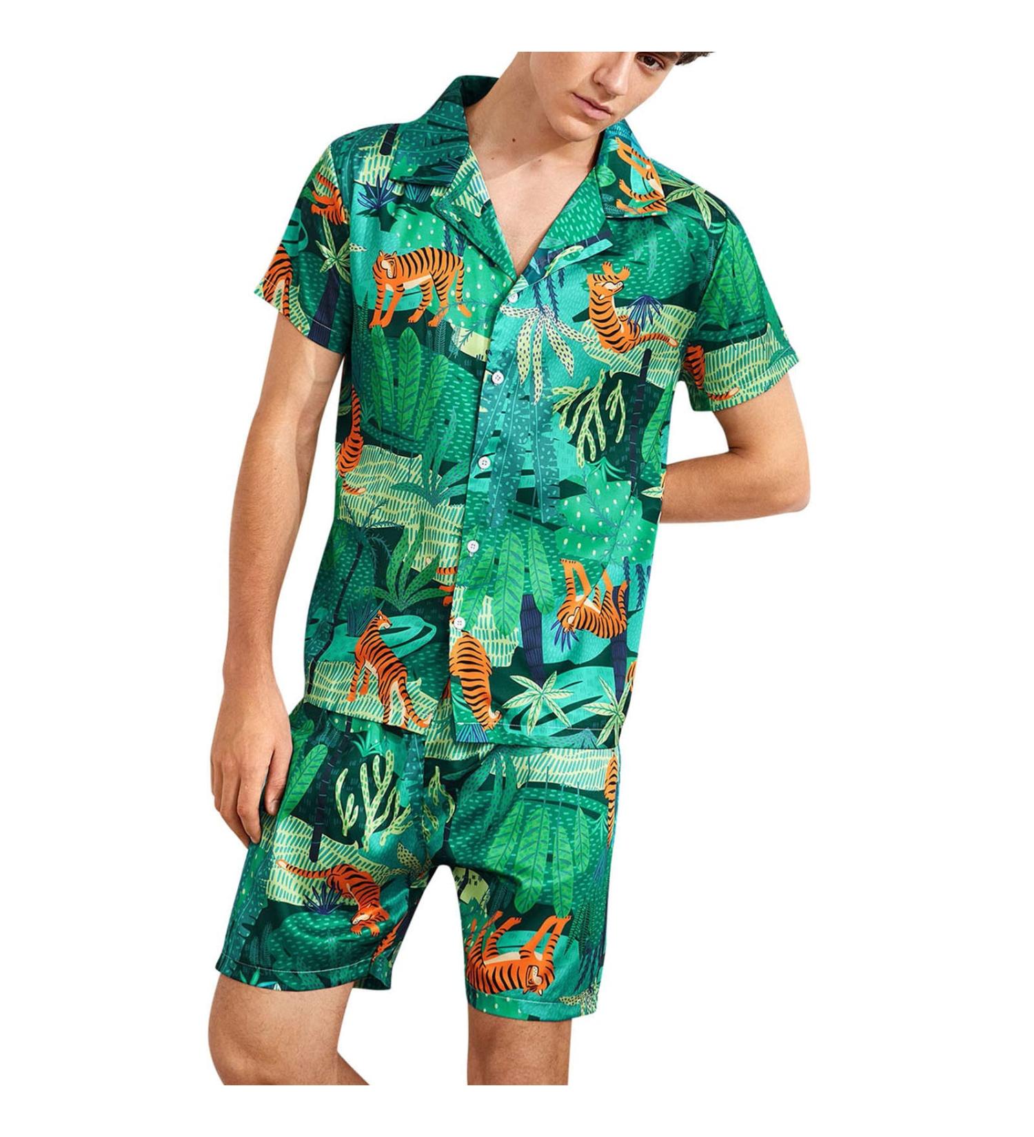 FORUU Men's Satin Pajama Set 2022 | Summer Print Short Sleeve Hawaii Shirt and Shorts Set | Imitation Silk Color Ding Home Suit - Small #01 Green - Buy Online on GoSupps.com