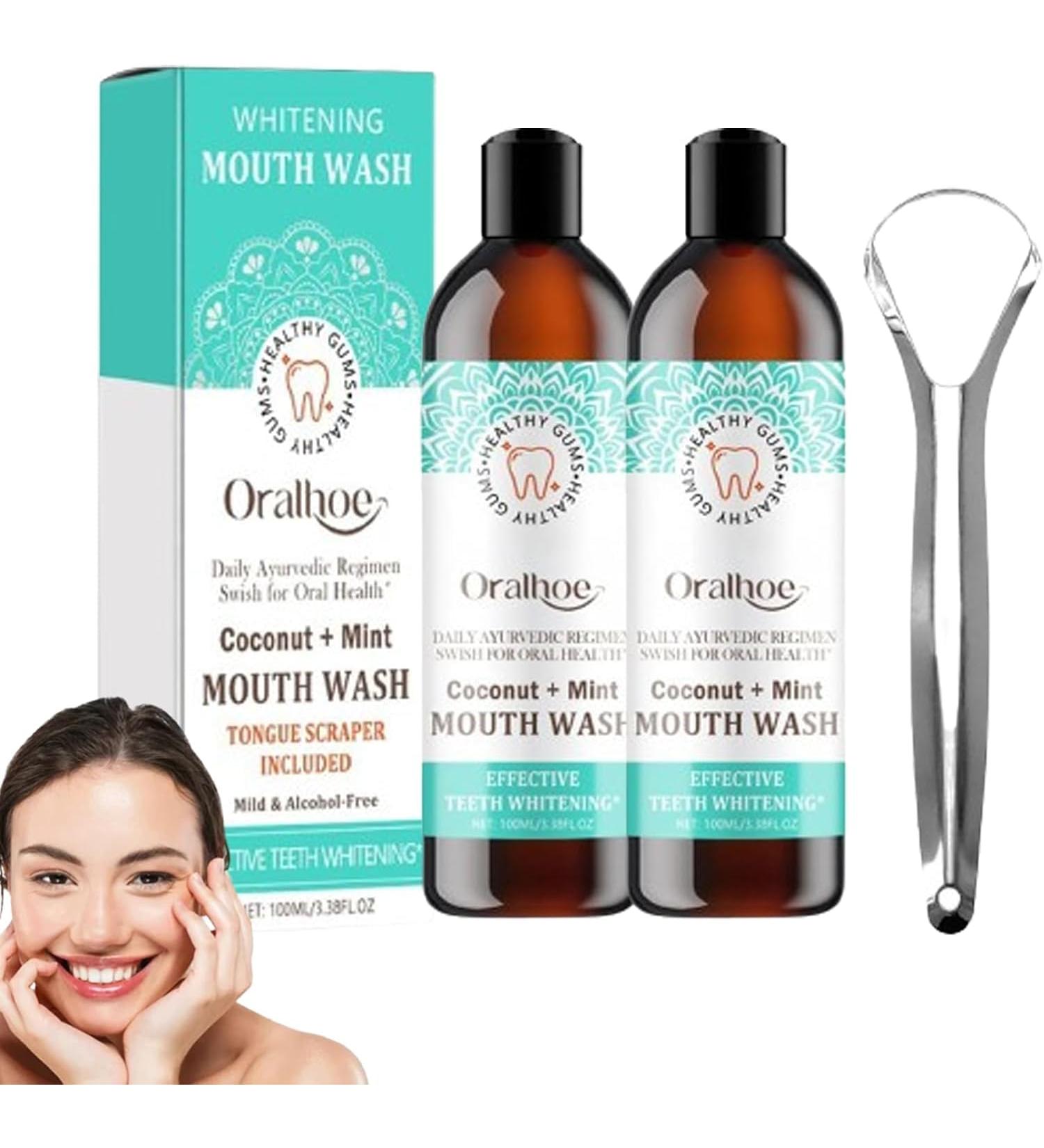 Oralhoe Coconut Mint Mouthwash - Natural Ingredients for Fresh Breath & Oral Health | Mint Oil Pulling with Tongue Scraper (2STK) - International Shipping Available - Buy Online on GoSupps.com