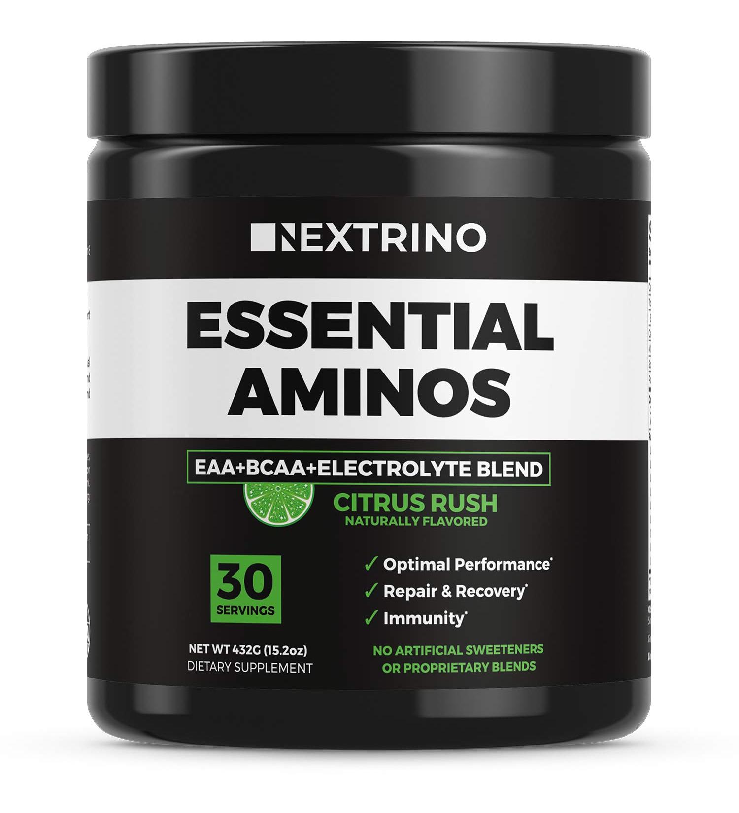 Nextrino Essential Aminos EAA Supplement - Complete EAA & BCAA Powder Drink with Electrolytes (Citrus Rush) - Transparent Ingredients - 30 Servings - Buy Online on GoSupps.com