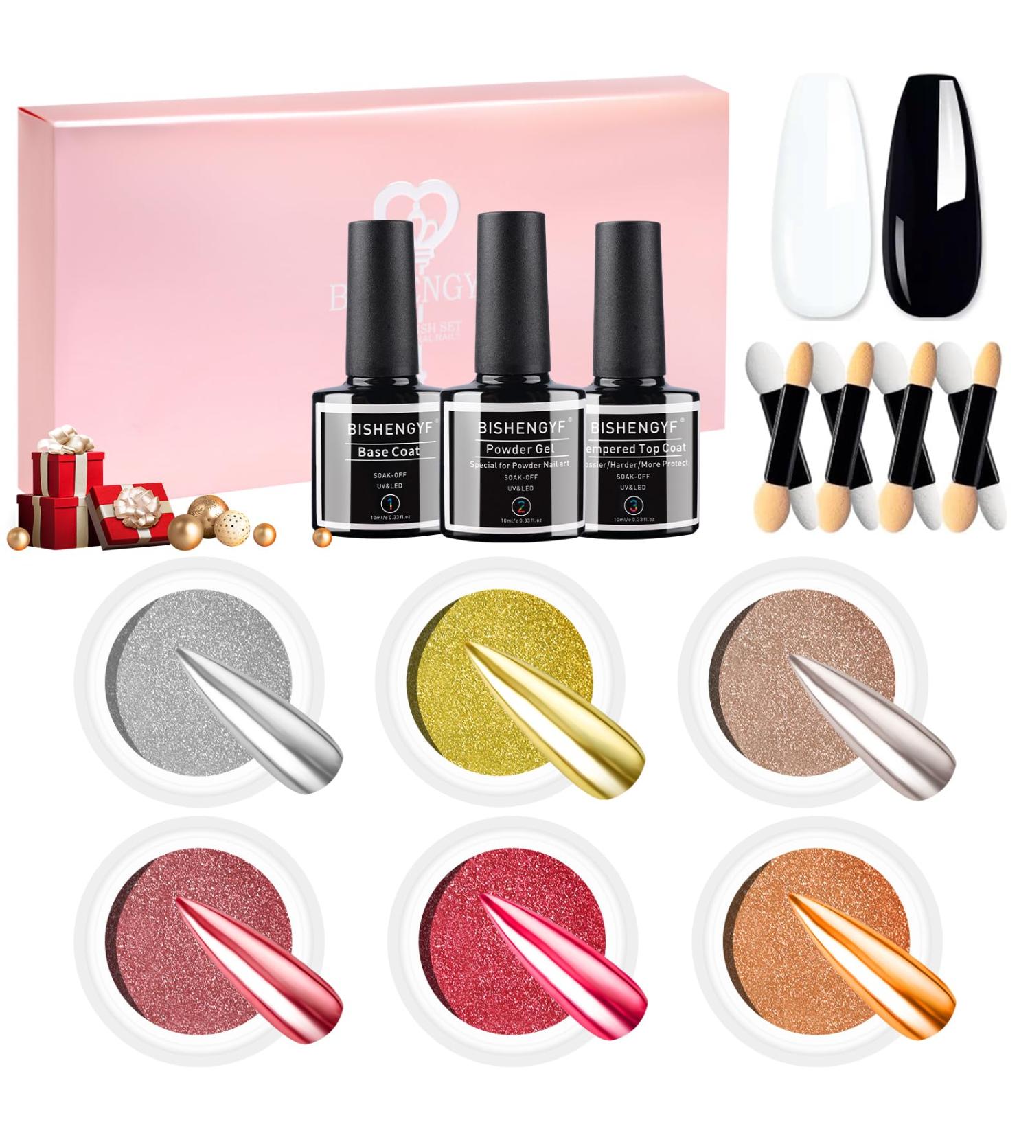 Bishengyf Chrome Nail Powder Set - 6 Color Mirror Effect Chrome Pigment | Silver Gold Pink | Includes Base Coat & No Wipe Top Coat - Perfect for Stunning Nail Art - Buy Online on GoSupps.com