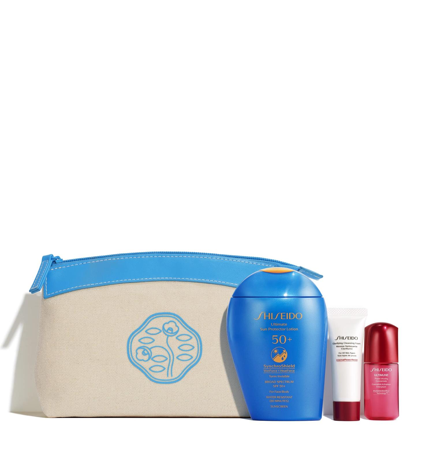 Shiseido Ultimate Active Sun Protection Set with SPF 50+ Lotion, Cleansing Foam, Ultimune Concentrate & Pouch - Buy Online on GoSupps.com