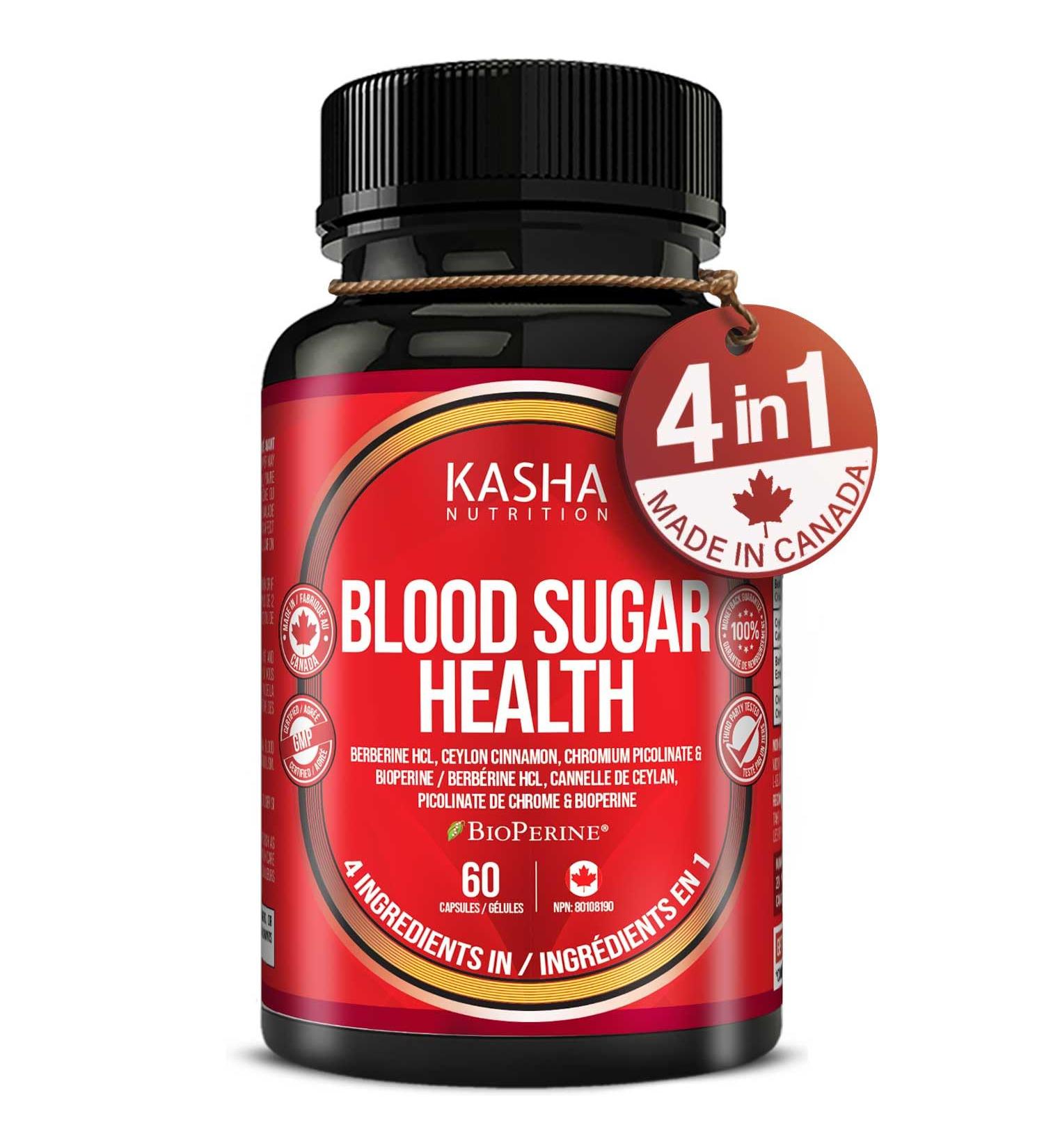 KASHA Nutrition Blood Sugar Health with Berberine HCL 250mg Ceylon Cinnamon 250mg Chromium 100mcg and Bioperine 5mg per capsule - Proudly Canadian | Non-GMO Vegan Gluten Free Soy Free | Carefully Formulated Blend. Vegetarian. 60 Capsules. 30 Day Supply. - Buy Online on GoSupps.com