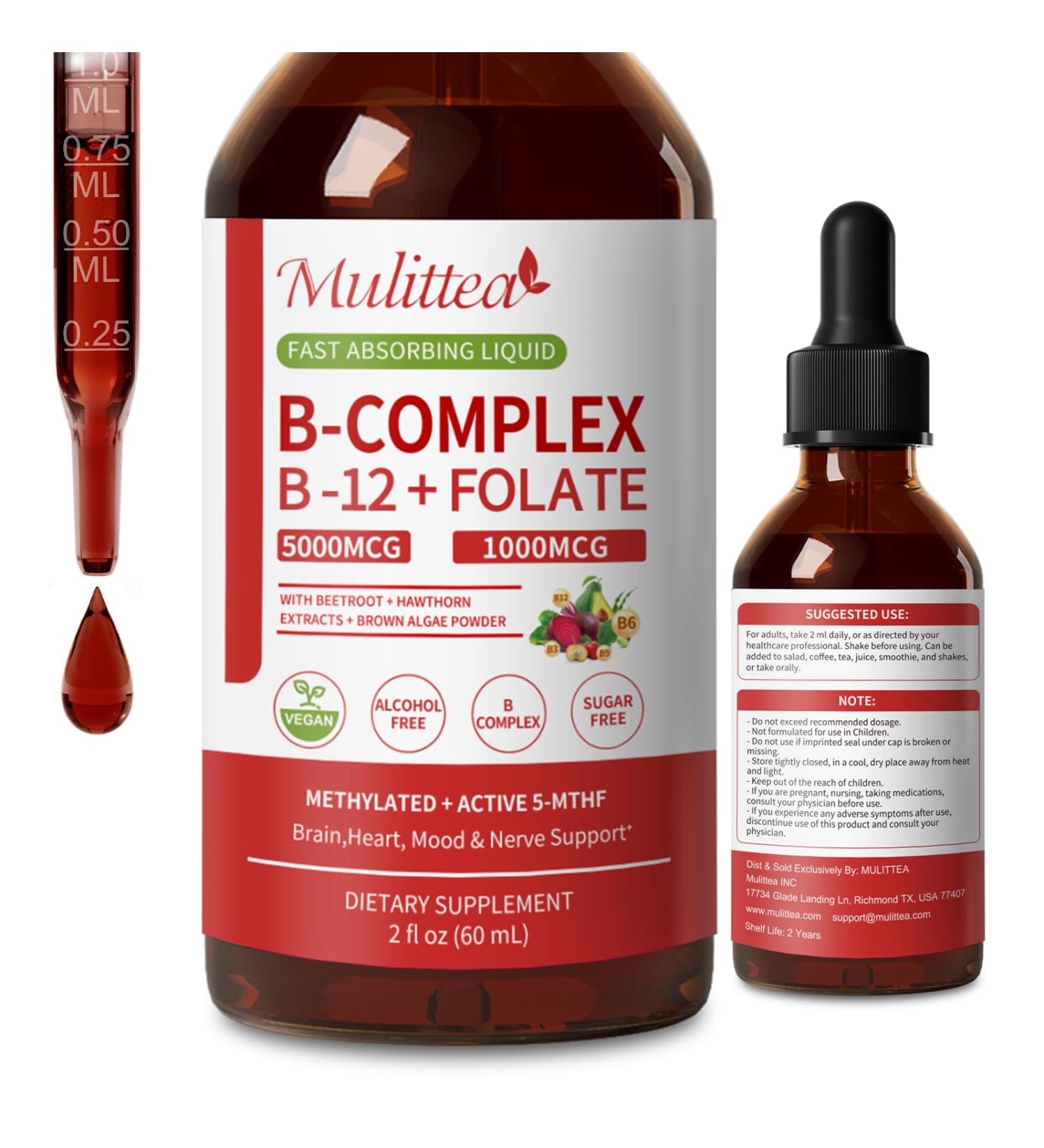 Methylated B Complex - 5000 mcg Methylcobalamin B12 & 5-MTHF Folate 1000 mcg - Vitamin B Complex Liquid Drops with B3 B6 Beetroot Hawthorn - Energy Focus Heart & Brain Sugar-Free 2 Fl Oz 2 Fl Oz (Pack of 1) - Buy Online on GoSupps.com