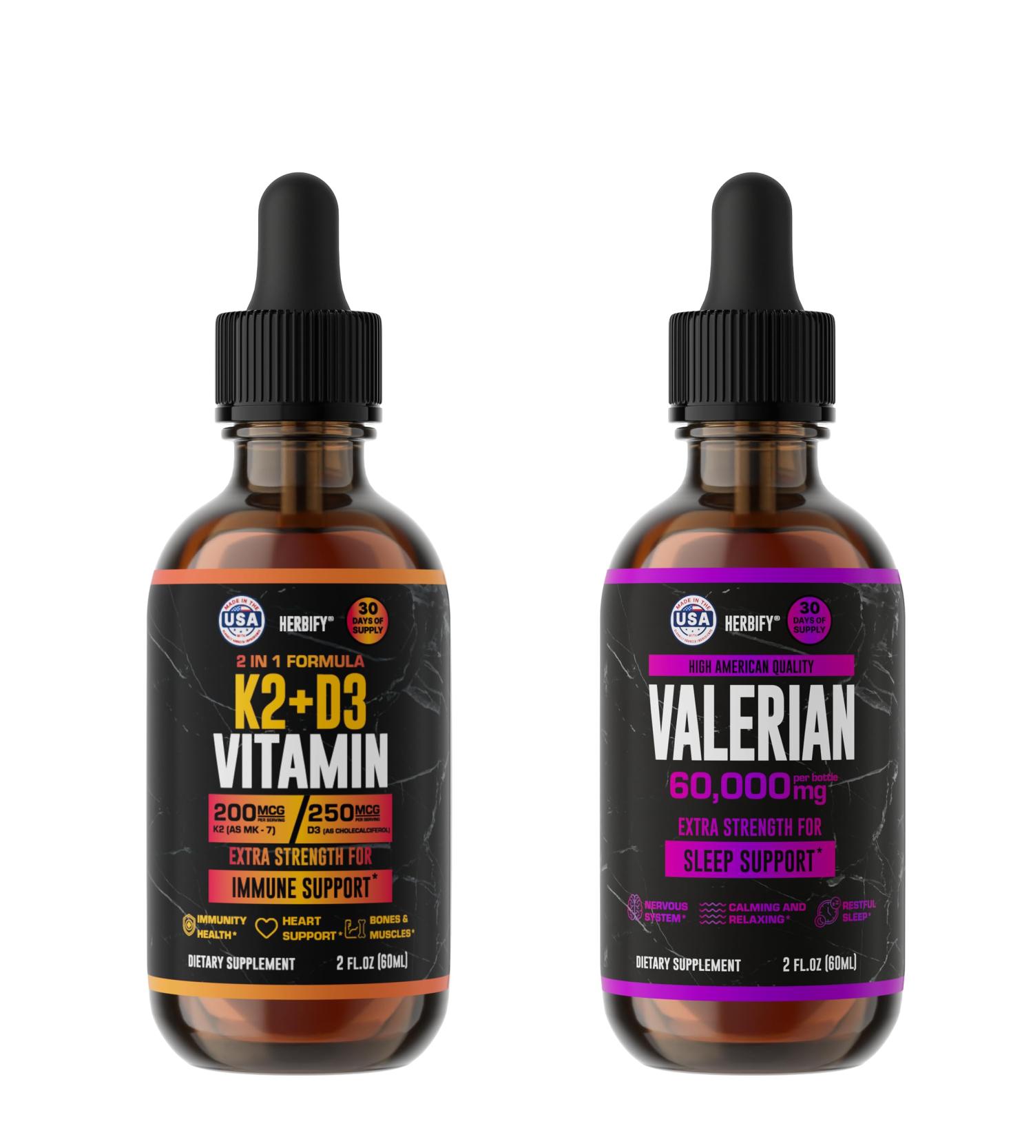 HERBIFY Bundle - K2 and D3 Drops & Valerian Root Tincture - Bone Strength & Nervous System Support - Buy Online on GoSupps.com