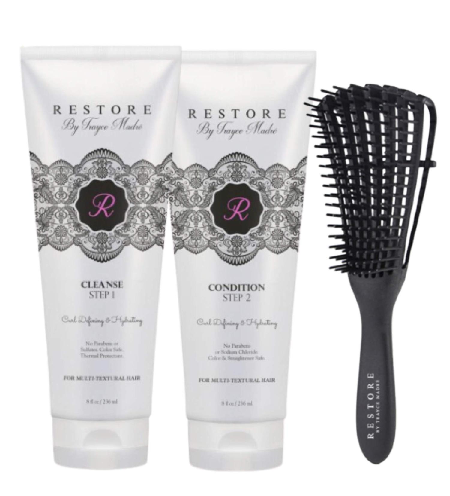 Restore by Trayce Madre Premium Hydrating Duo Cleanse System with FREE Detangling Brush Sulfate and Paraben Free Vegan Cruelty Free