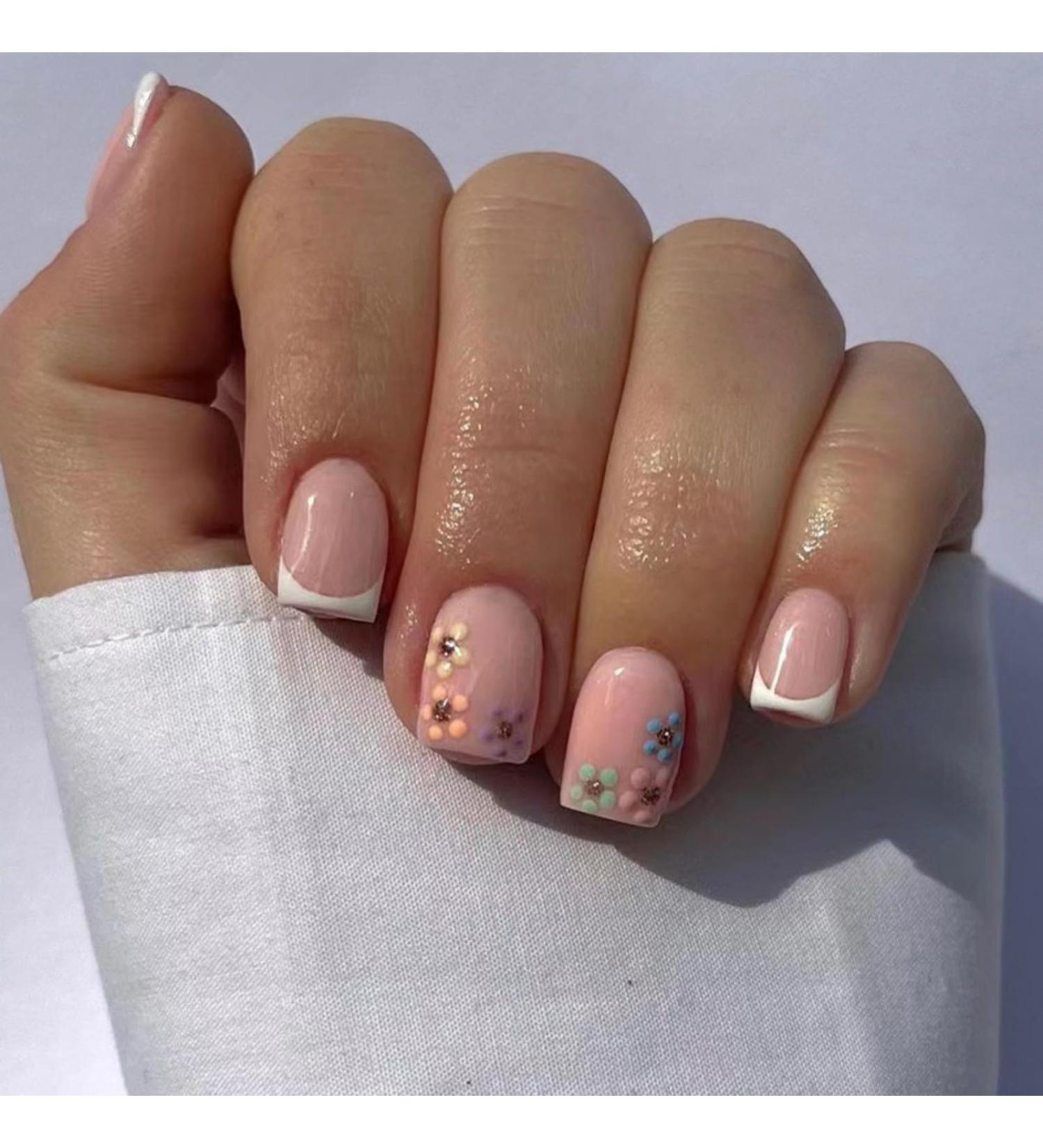 Justotry 24 Pcs Multi Colour Floral Short False Nails | Square Pattern Press on Nails with Nail Glue | Trendy Fake Nails for Women and Teens | Iridescent Flower Design - Buy Online on GoSupps.com