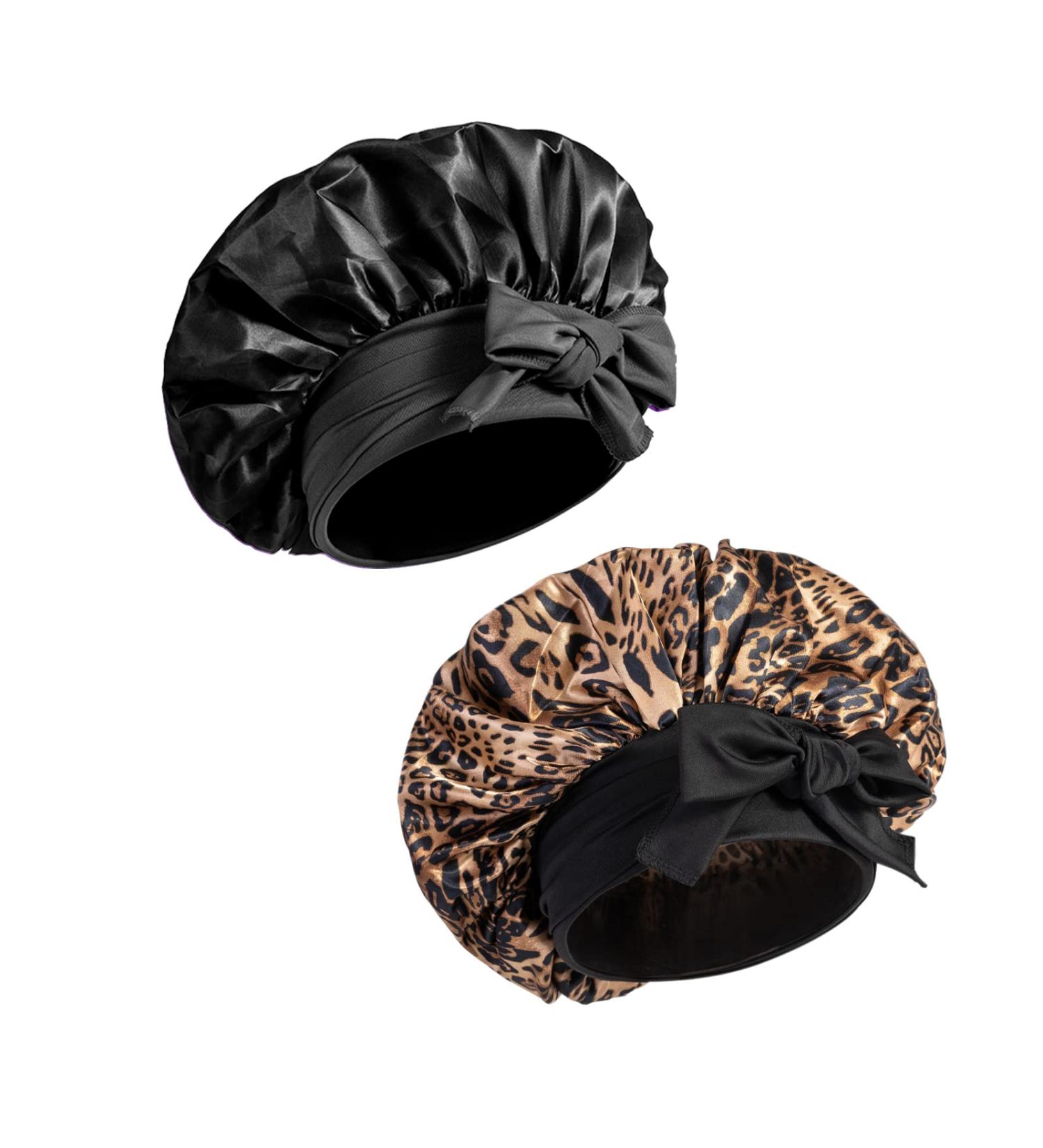 Satin Bonnet for Black Women - Large Silk Bonnet for Braids - Ideal for Sleeping - Stretchy Tie Band - Black & Leopard - Buy Online on GoSupps.com