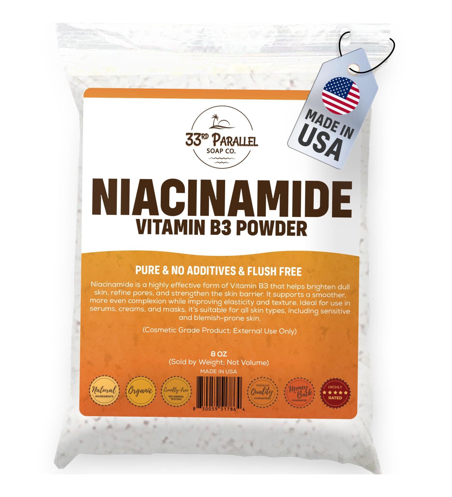 33RD PARALLEL SOAP CO. Niacinamide Powder Vitamin B3 (8oz) Brightens Skin, Reduces Dark Spots, Boosts Collagen & Hydration for Serums, Creams, Toners & DIY Skincare | 8 Ounces - Buy Online on GoSupps.com