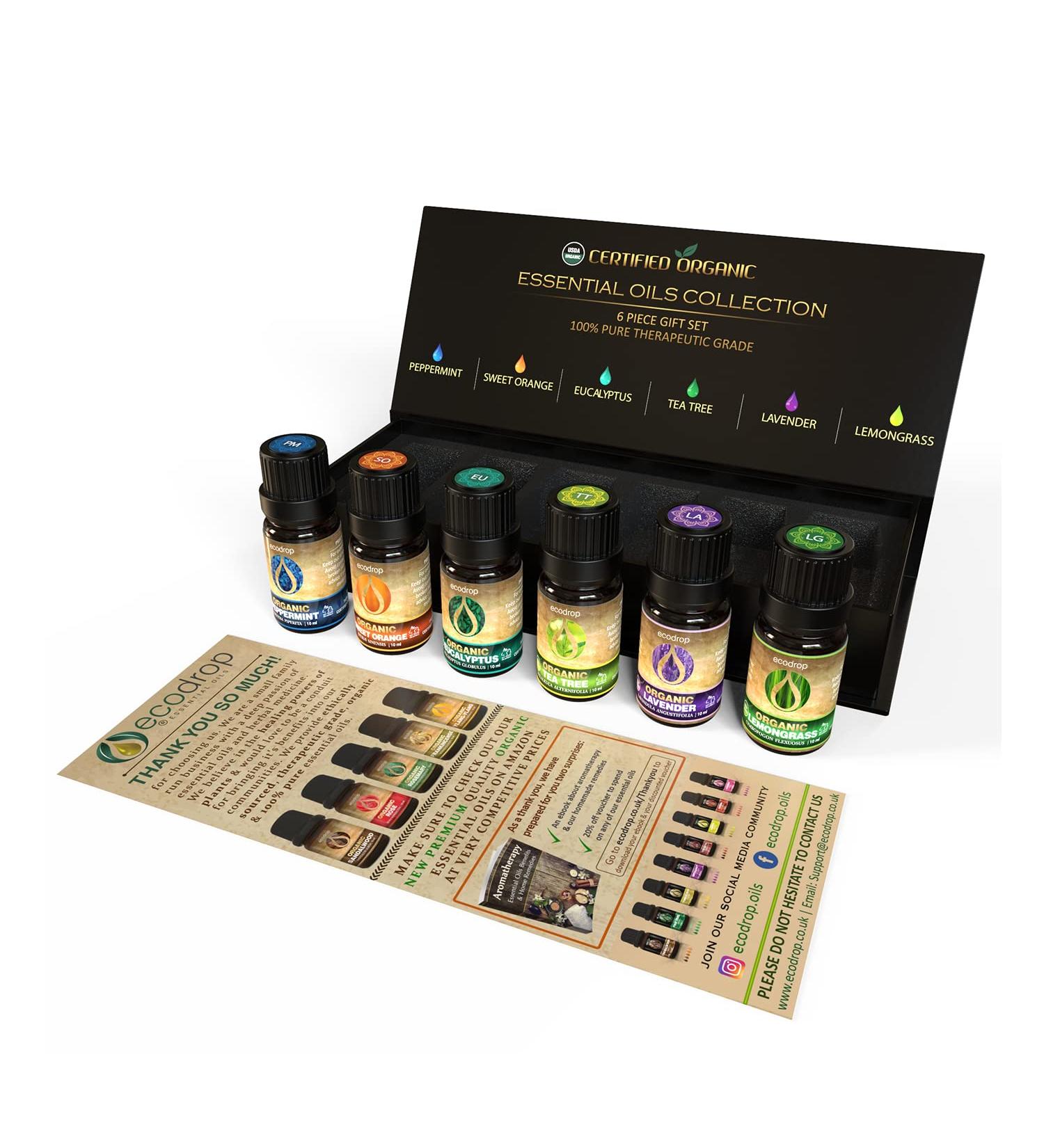 USDA Certified Organic Essential Oils Set - 100% Pure Aromatherapy Oils - Peppermint, Sweet Orange, Eucalyptus, Tea Tree, Lavender & Lemongrass - Premium Quality with Free E-Book - Buy Online on GoSupps.com