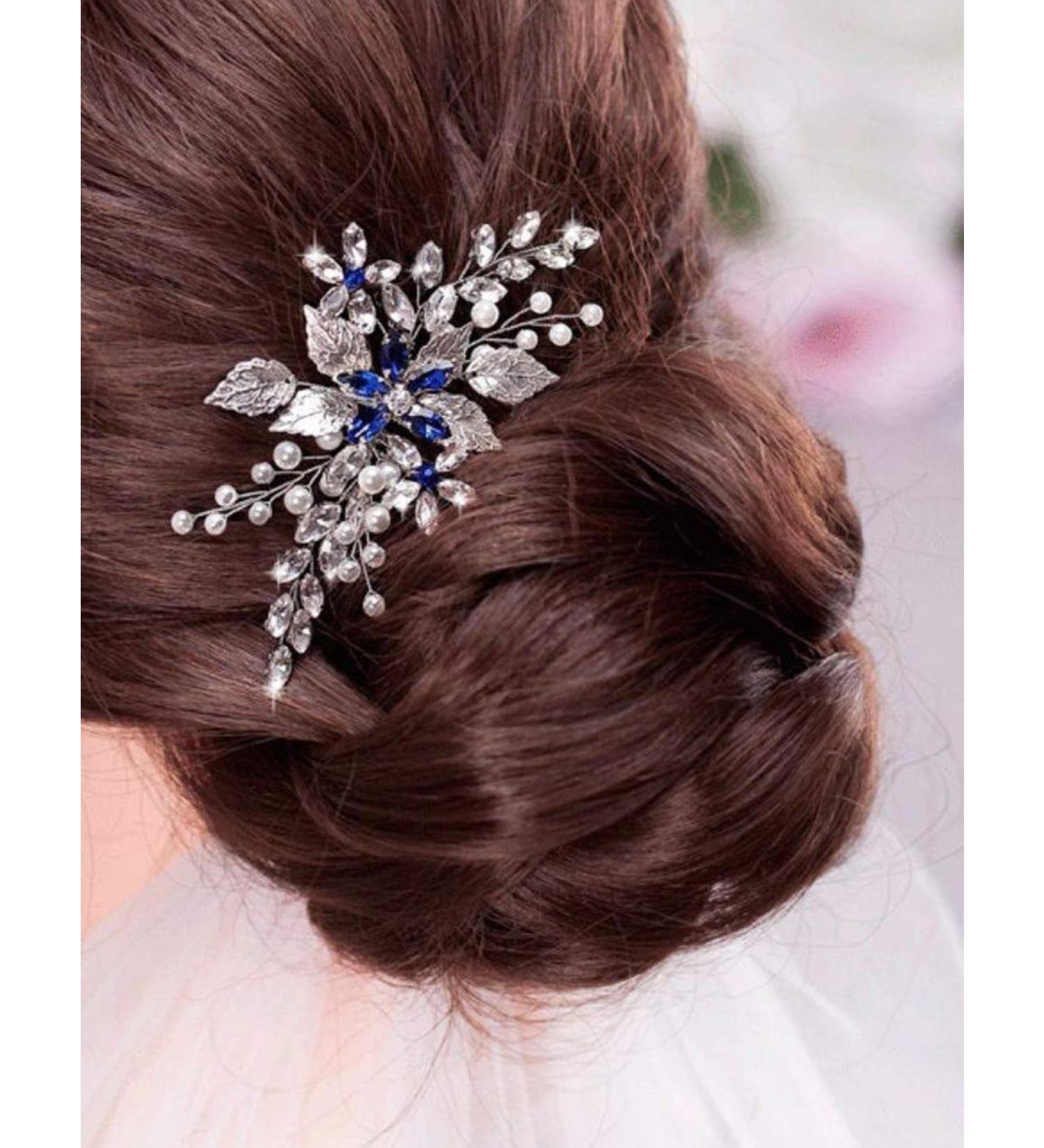 Women's Sapphire Crystal Blue Flower Hair Vine Comb - Silver Wedding Accessory - Buy Online on GoSupps.com