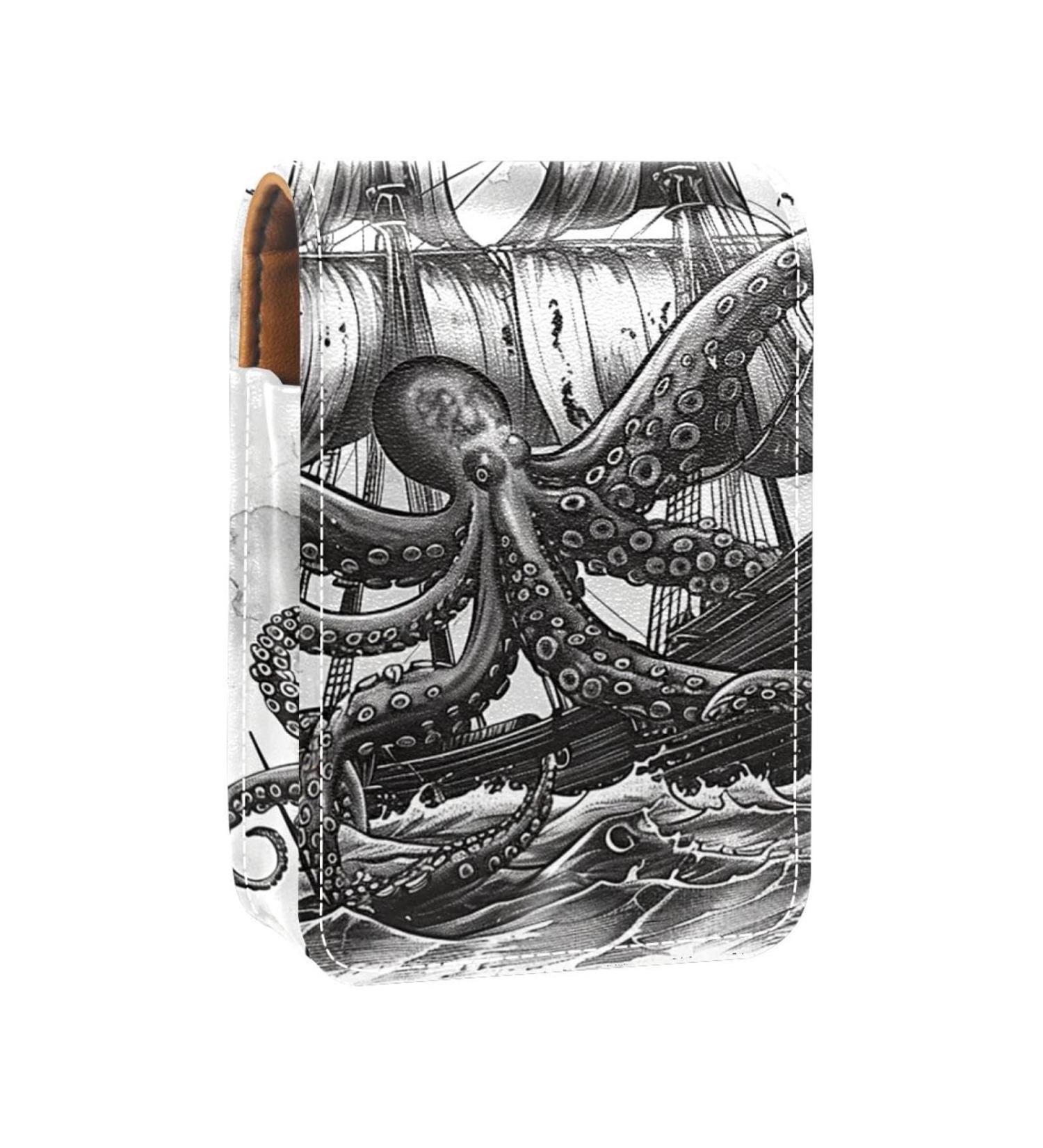 Leather Lipstick Case Organizer with Mirror | Mini Lip Gloss Holder Bag | Devilfish Pirate Sailboat Design - Buy Online on GoSupps.com