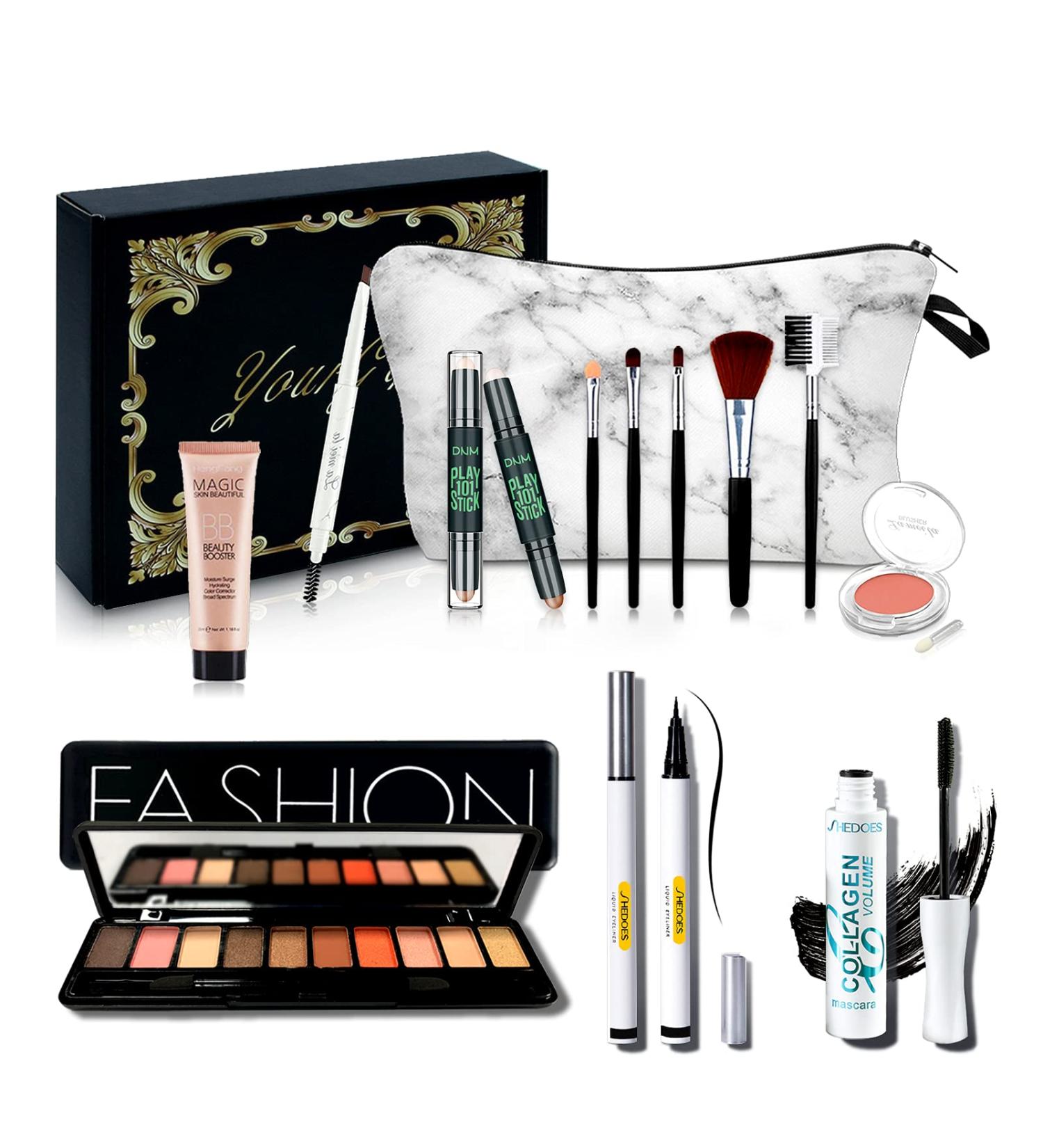 All in One Makeup Kit for Women - 10 Color Eyeshadow Palette, BB Cream, Blush, Brushes, Eyeliner, Mascara, Eyebrow Pencil, Contour Stick - Perfect Teens Makeup Gift Set in Black Gift Box - Buy Online on GoSupps.com