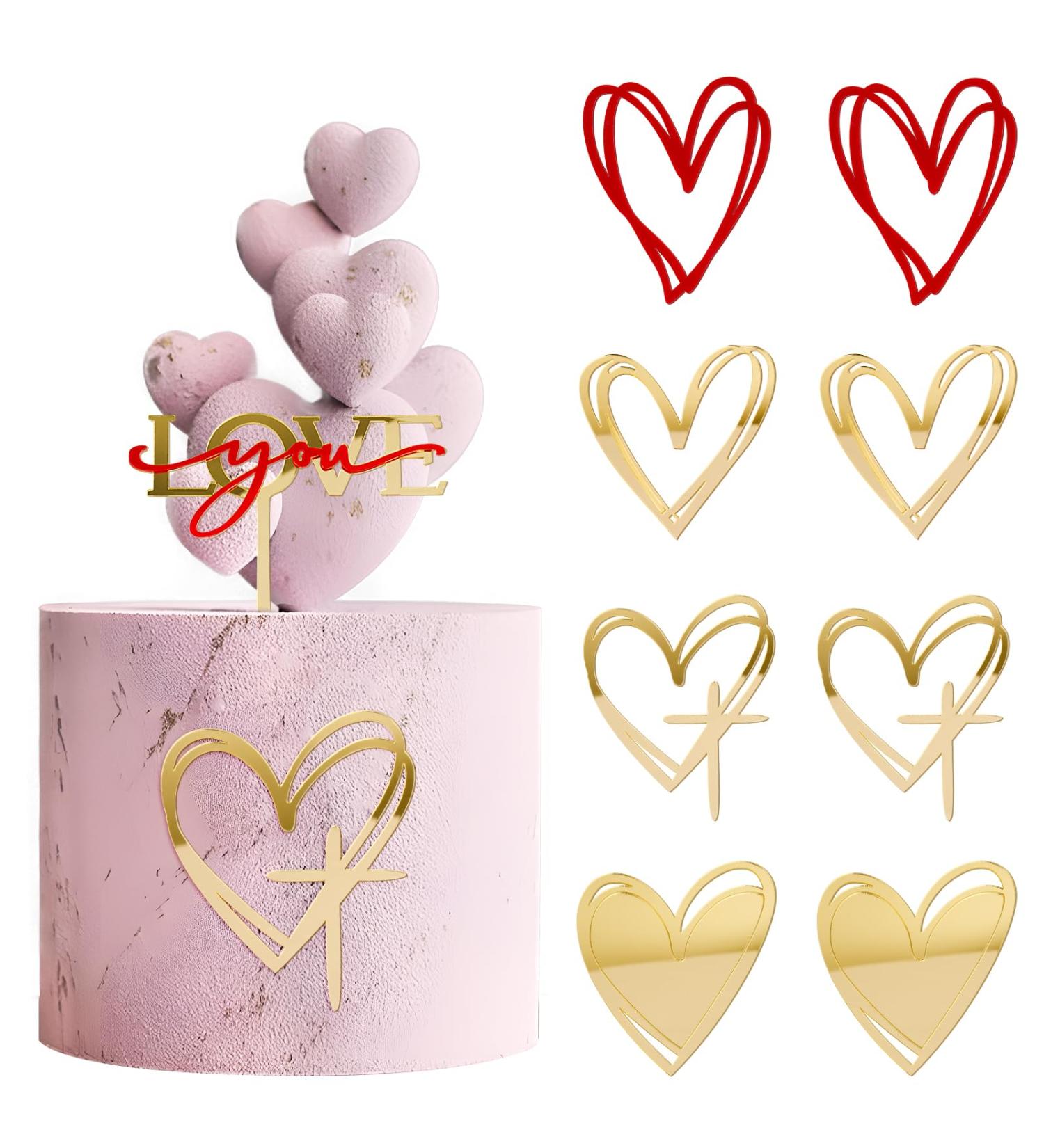 9PCS Heart Cake Topper Acrylic Love You Gold Mirror Cupcake Decoration DIY Cake Supplies for Wedding Birthday Valentine s Day Engagement Party - Buy Online on GoSupps.com