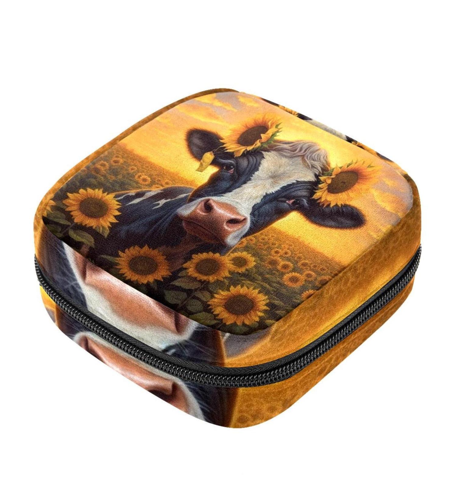 Stylish Menstruation Pad Bag with Zipper - Women's Napkin & Tampon Collection Bag (Field Sunflower Wreath Cow) - 12 Color Options - Buy Online on GoSupps.com
