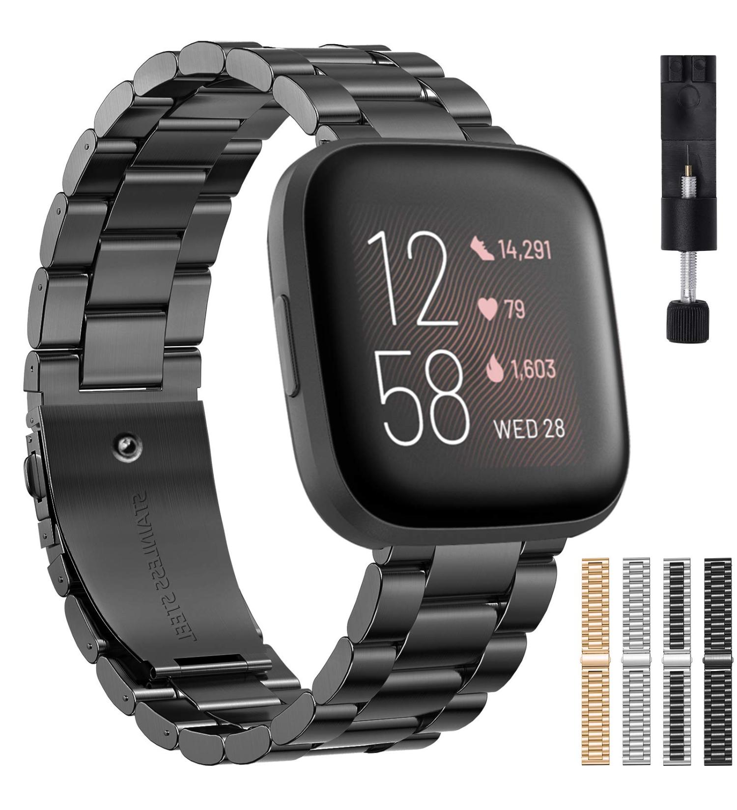 Stylish Stainless Steel Band for Fitbit Versa 2/Versa/Versa Lite - Black, Men/Women - Buy Online on GoSupps.com
