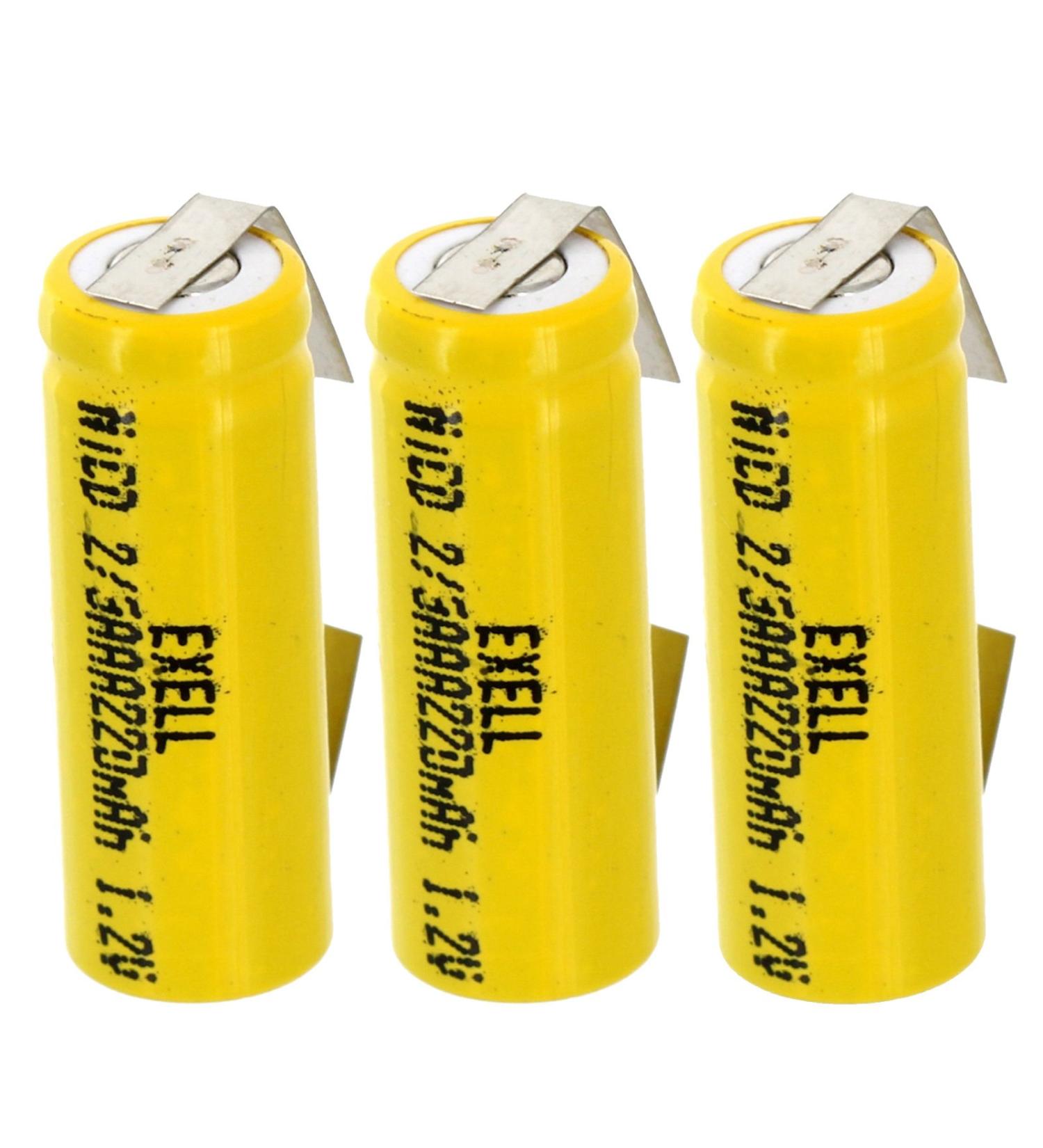3x Exell 2/3AAA NiCD 220mAh 1.2V Flat top Rechargeable Battery with Tabs