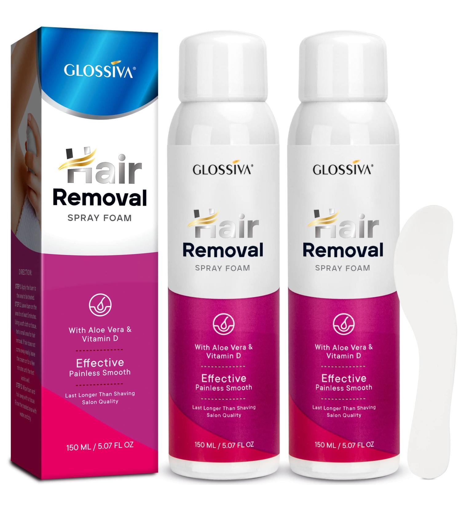 Glossiva Hair Removal Foam Spray - Effective & Painless Hair Remover for Men & Women - Plant Extract Ingredients - Non-Irritant Formula (2 Pack) - Buy Online on GoSupps.com