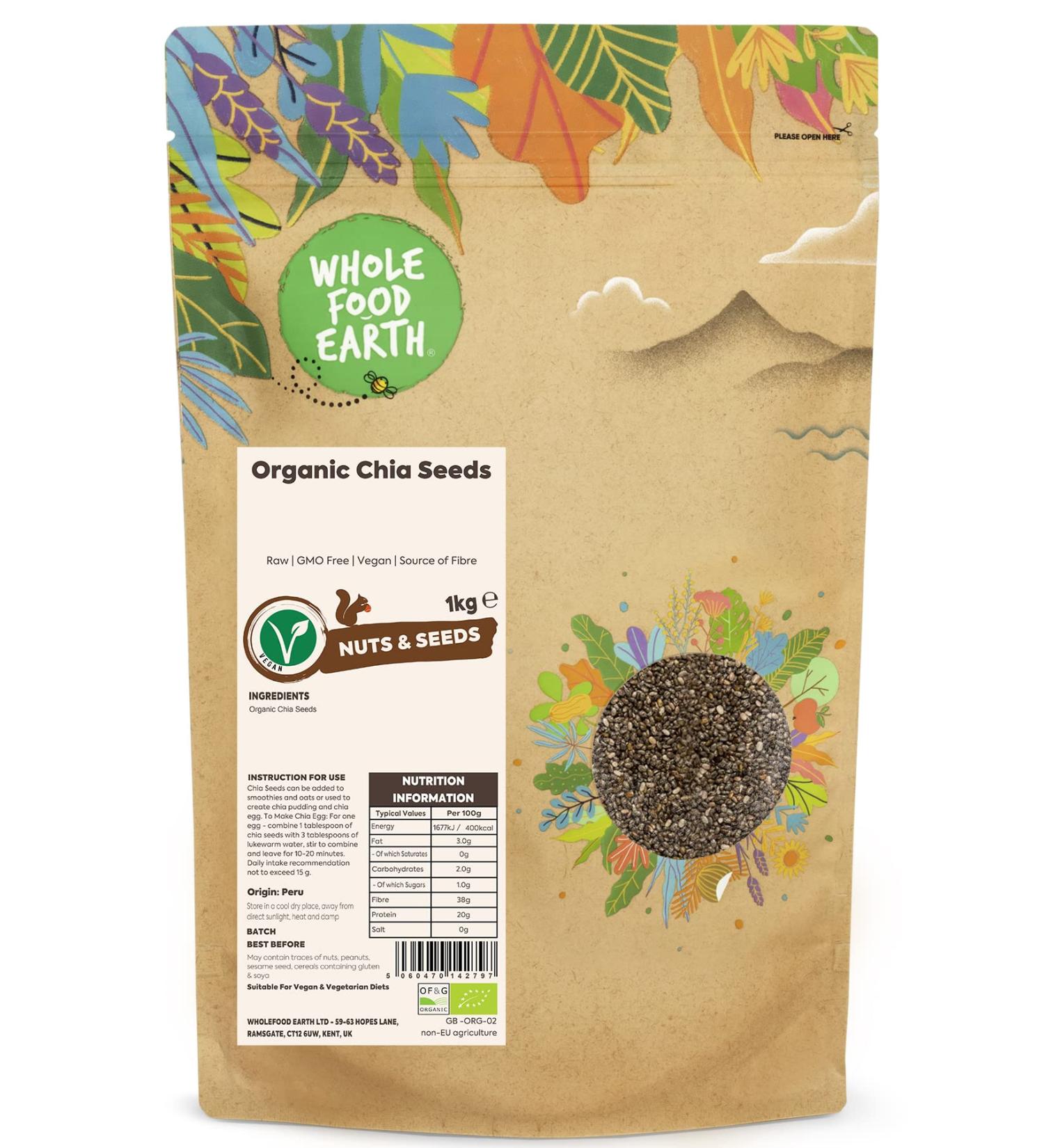 Wholefood Earth Organic Chia Seeds 1kg - Raw, GMO-Free, Vegan, High Fibre | Certified Organic - Buy Online on GoSupps.com