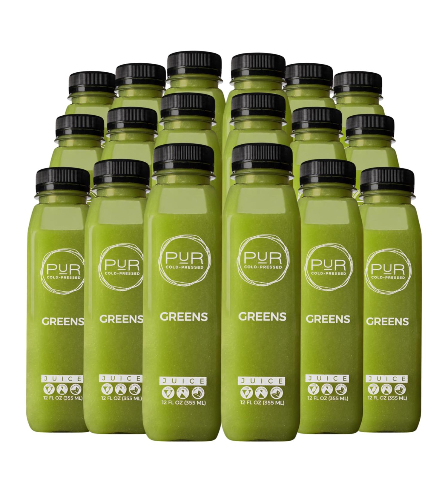 PUR Cold-Pressed Juice Greens Juice 18 Pack Kale Cucumber Celery Apple Lemon & Ginger Energizing Drink Supports Wellness Digestion & Cleanse Days Raw Pressed at Source - Buy Online on GoSupps.com
