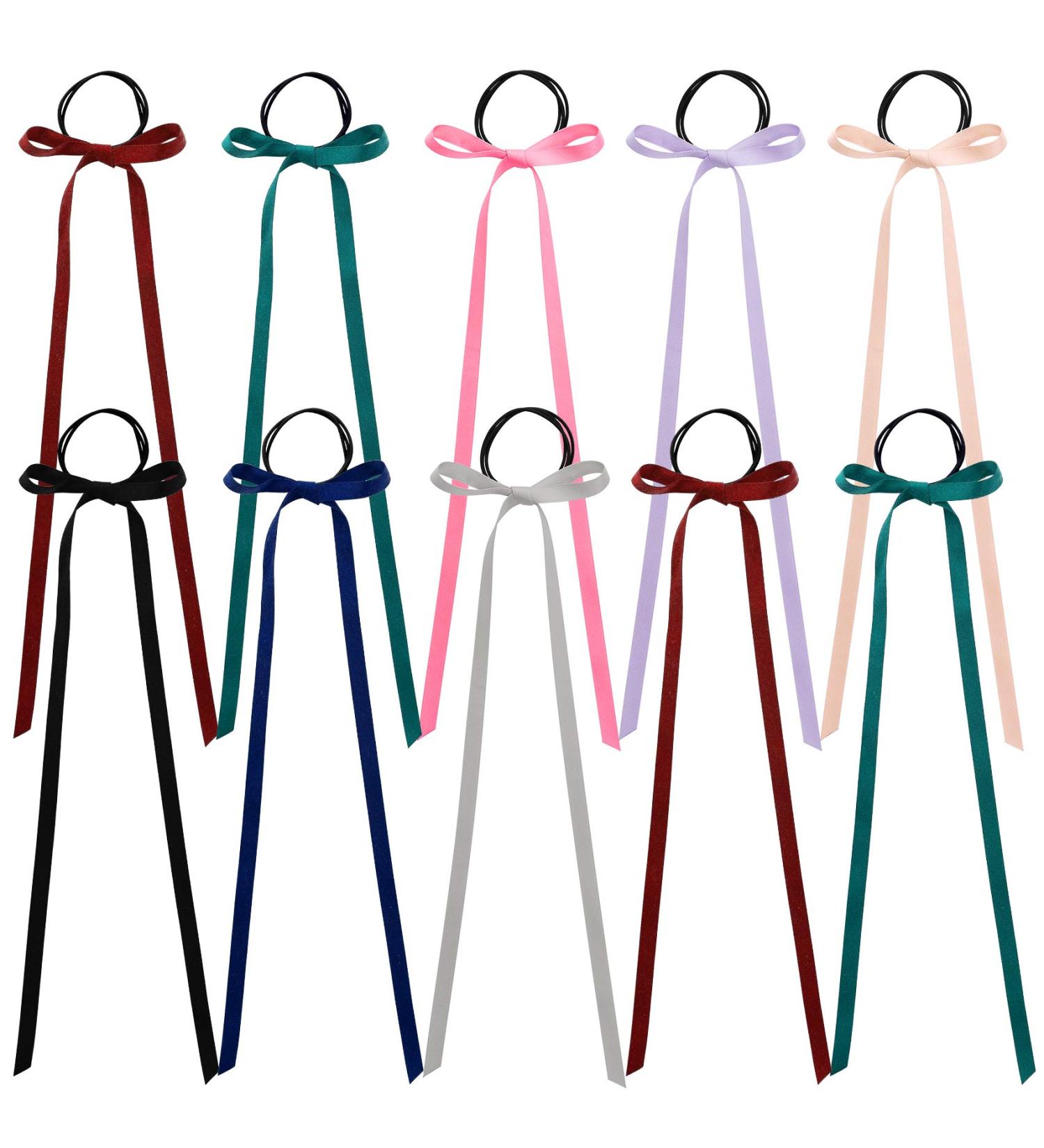 PAGOW 10pc Long Silk Ribbon Hair Bands with Bow - Colourful Satin Scrunchies for Women, Kids & Girls - Buy Online on GoSupps.com