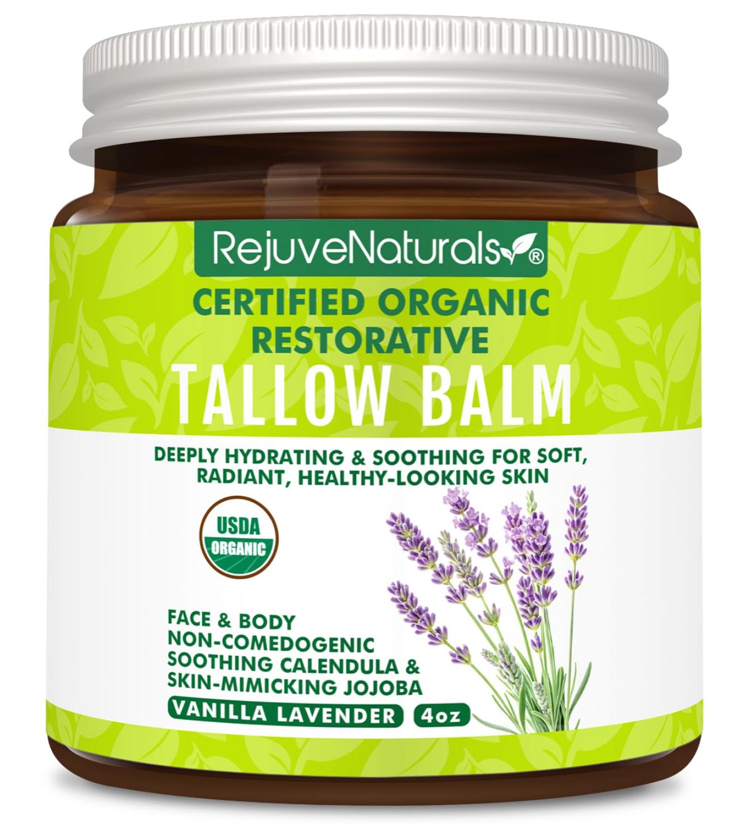 RejuveNaturals USDA Certified Organic Beef Tallow Balm Large 4oz Glass Jar Grass Fed & Finished Tallow with Beeswax & Jojoba Oil Solid Non-Comedogenic Natural Moisturizer for Face & Body - Buy Online on GoSupps.com