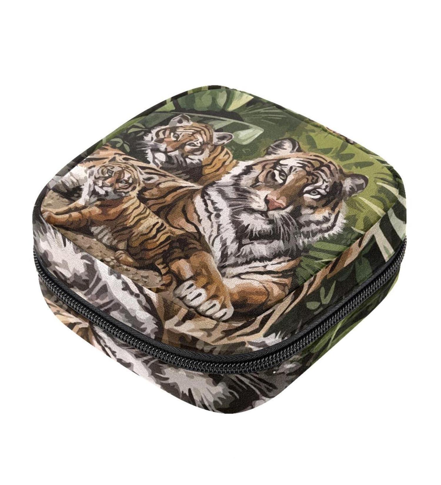 Menstrual Pad Bag with Zipper | Ladies Napkin Pouch & Tampons Collection Bag for Women & Girls - Tiger Design - Buy Online on GoSupps.com