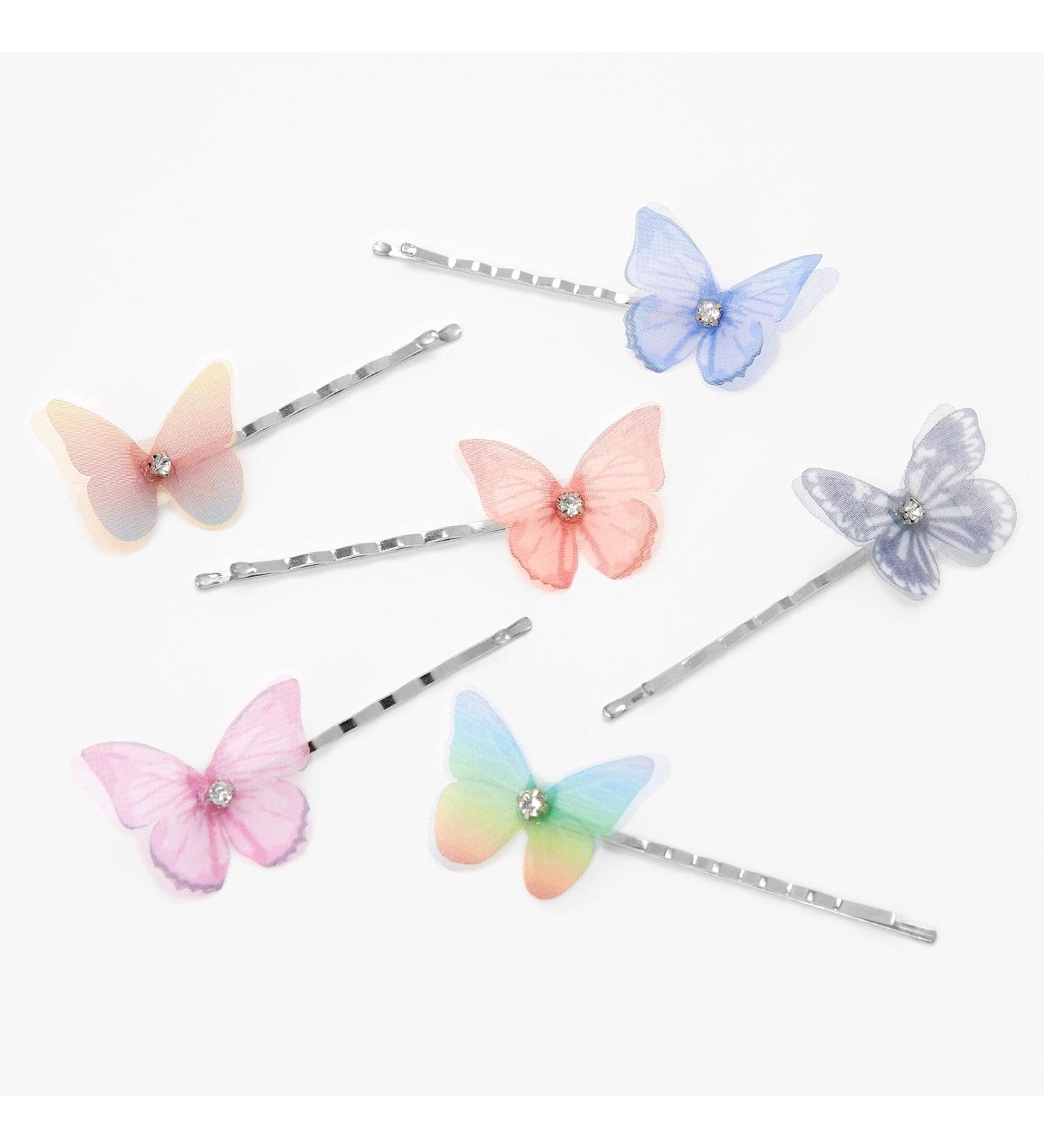 Claire's Silver Faux Crystal Pastel Butterfly Hair Pins - 6 Pack Multi-colored