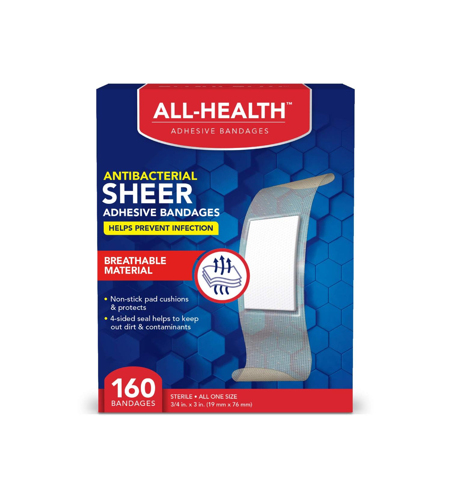 All Health Antibacterial Sheer Adhesive Bandages 3/4 in x 3 in 160 ct - Extra Large Comfortable Protection for First Aid and Wound Care | Helps Prevent Infection - 160 Count - Buy Online on GoSupps.com