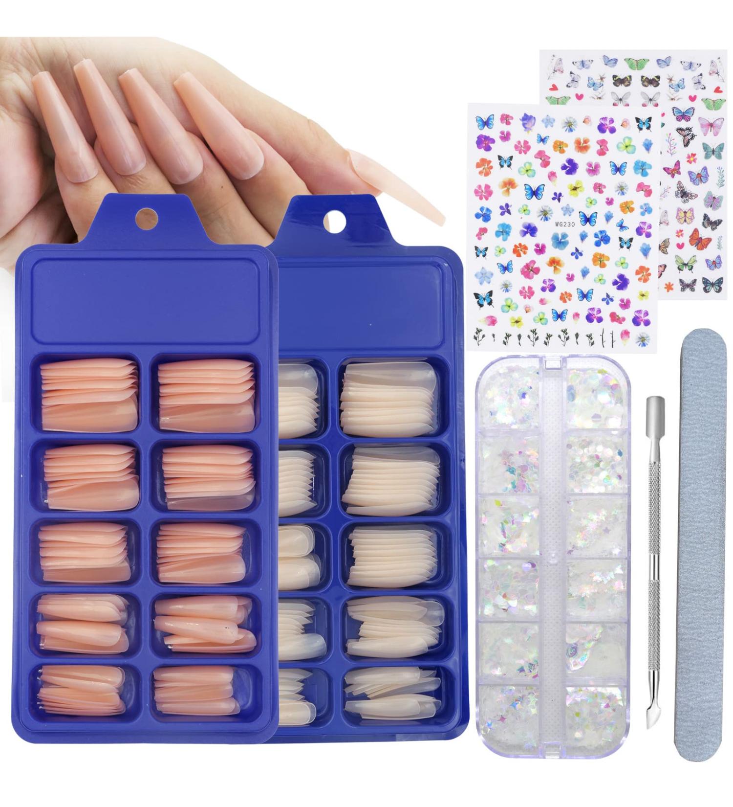 AddFavor 200pcs Long Ballerina Coffin Press On Nails with Chunky Glitter and Sticker Decals - Acrylic Fake Nails for Women and Teen Girls - Buy Online on GoSupps.com