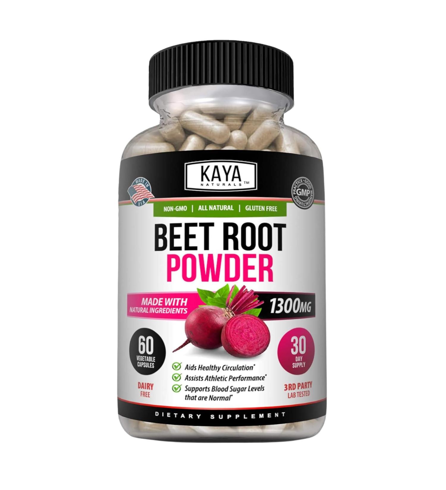 Kaya Naturals Premium Organic Beet Root Powder - Non-GMO Gluten-Free 1300mg Boosts Athletic Performance & Circulation - 60 Veggie Capsules (180 Count - Buy Online on GoSupps.com