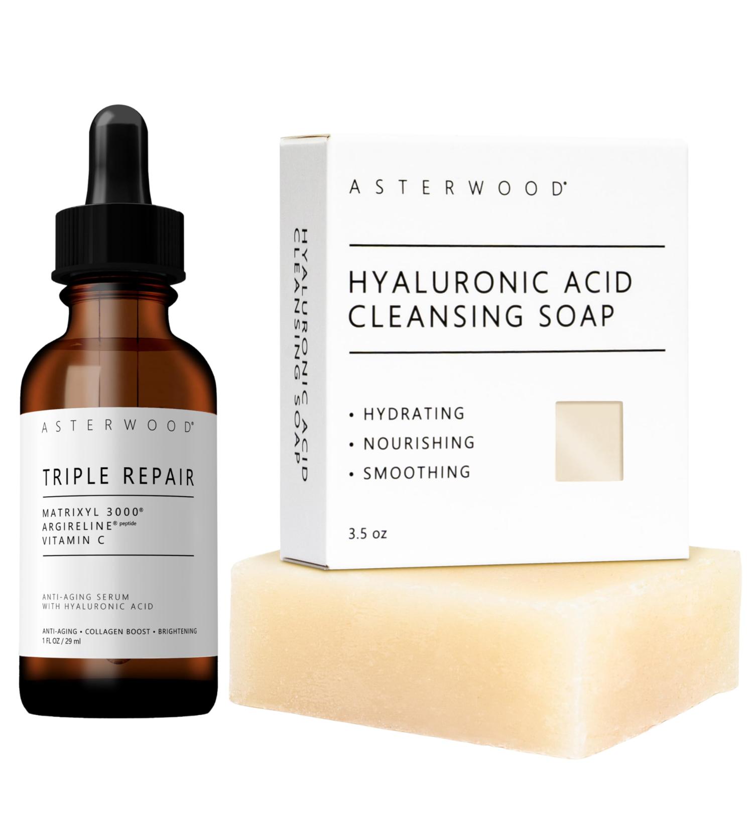 Asterwood Triple Repair Serum 1 oz + Hyaluronic Acid Cleansing Face Soap 3.5 oz - Buy Online on GoSupps.com